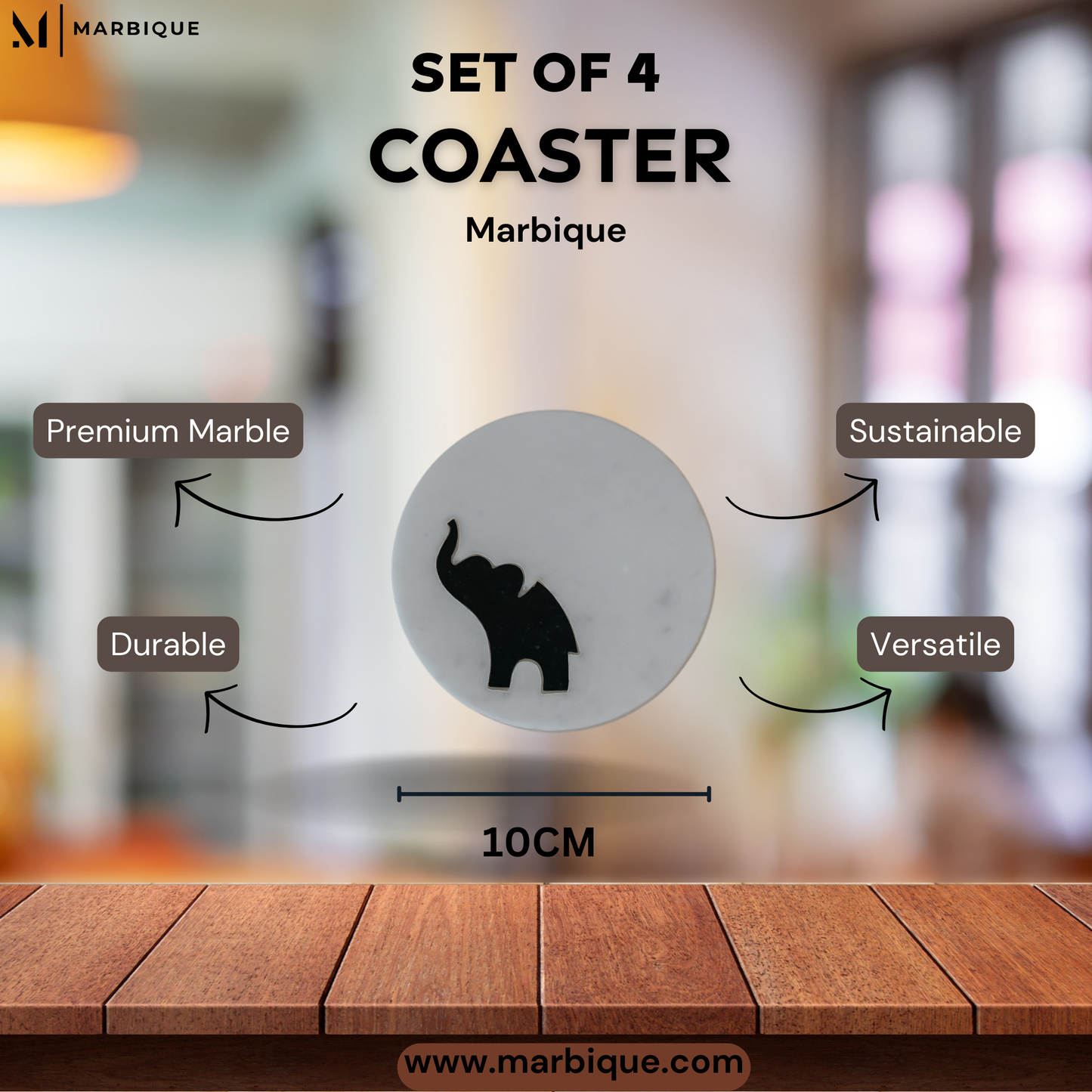 Detailed View of Elephant Inlay Work on White Marble Coaster