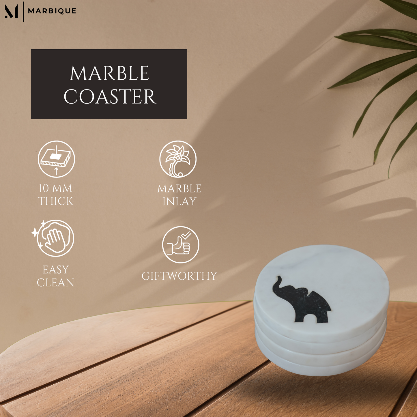 White Marble Coaster Set of 4 with Traditional Indian Elephant Pattern