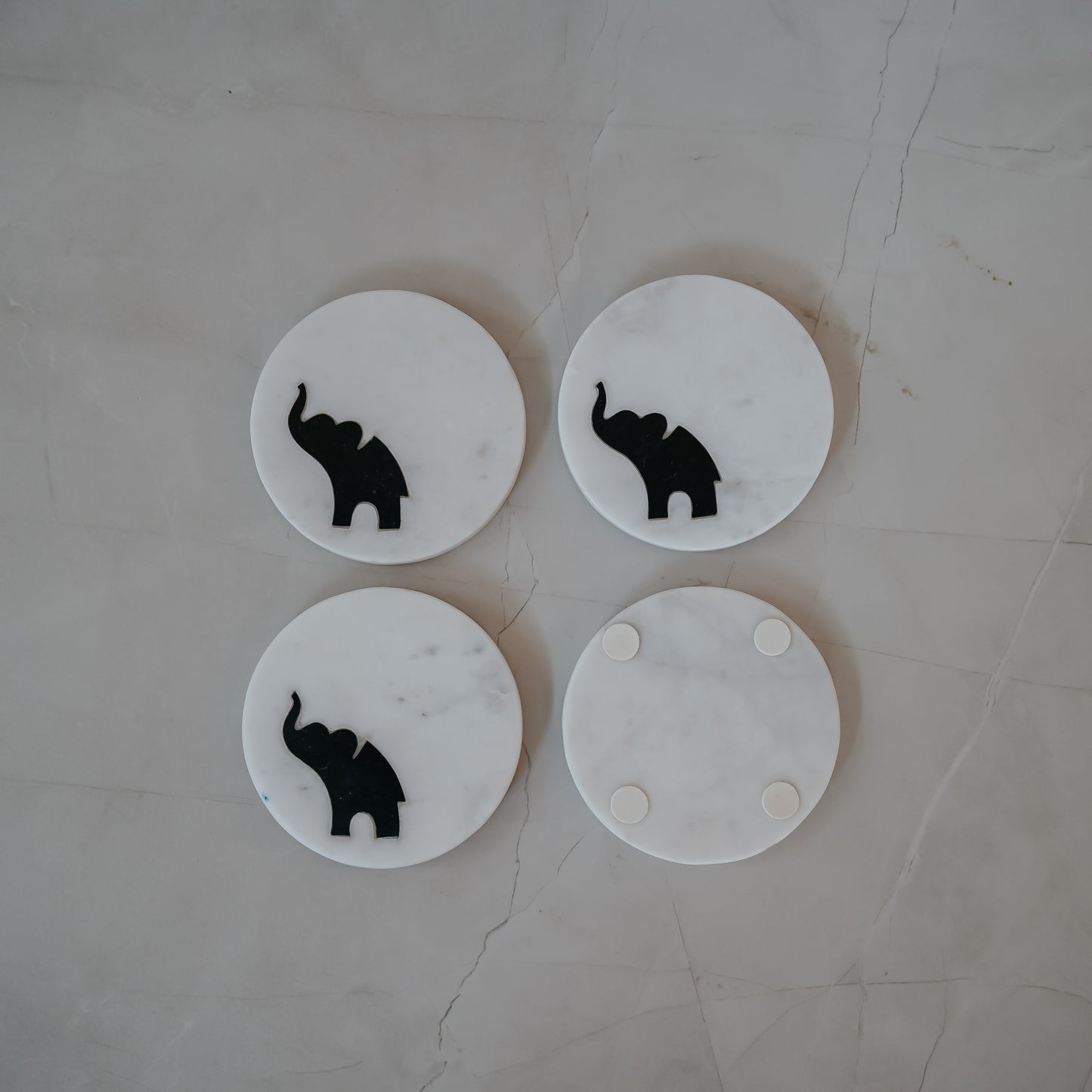White Marble Coaster Set of 4 with Traditional Indian Elephant Pattern