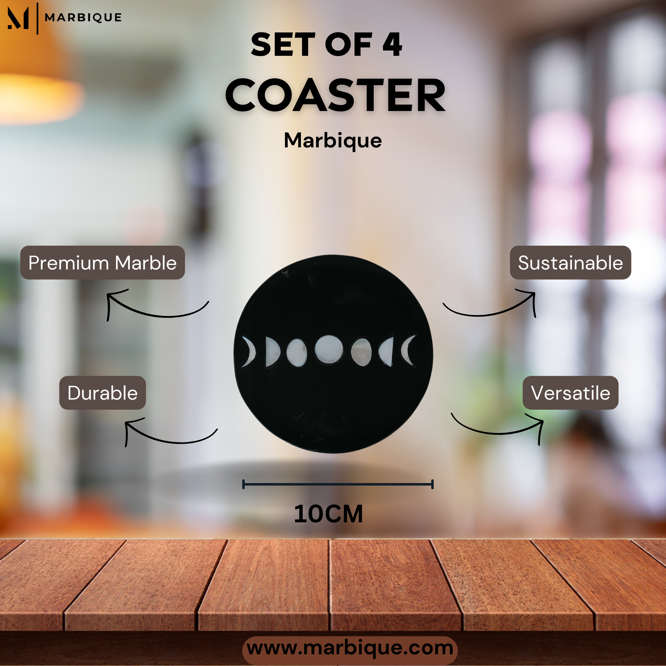 Black Marble Moon Phases Coasters Set of 4 - Italian Stone Celestial Inlay | Premium Tableware
