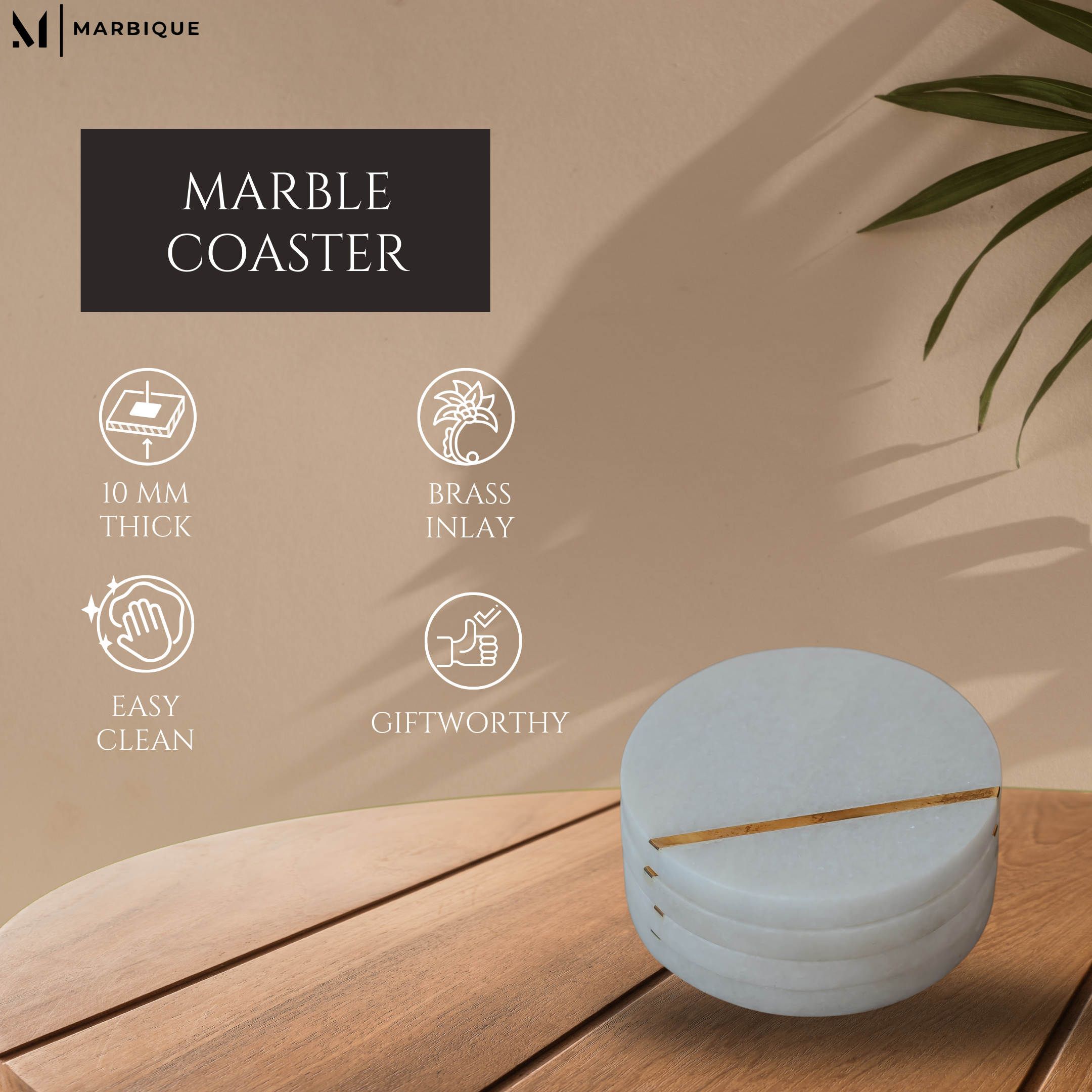 Premium White Marble Round Coasters with Brass Inlay - Handcrafted Set of 4