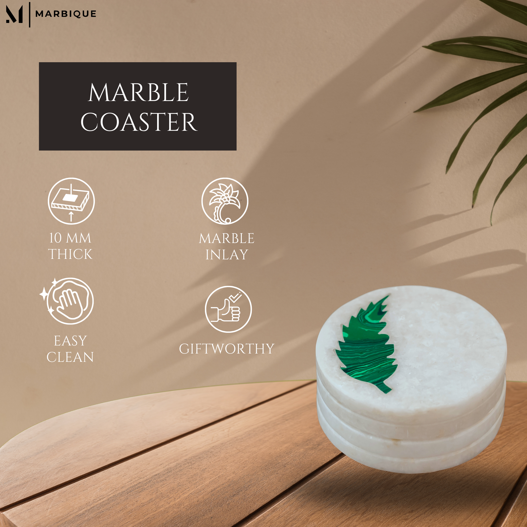 Emerald Green Stone Inlay White Marble Coasters Set - Handcrafted Premium Home Decor (4 Pack)