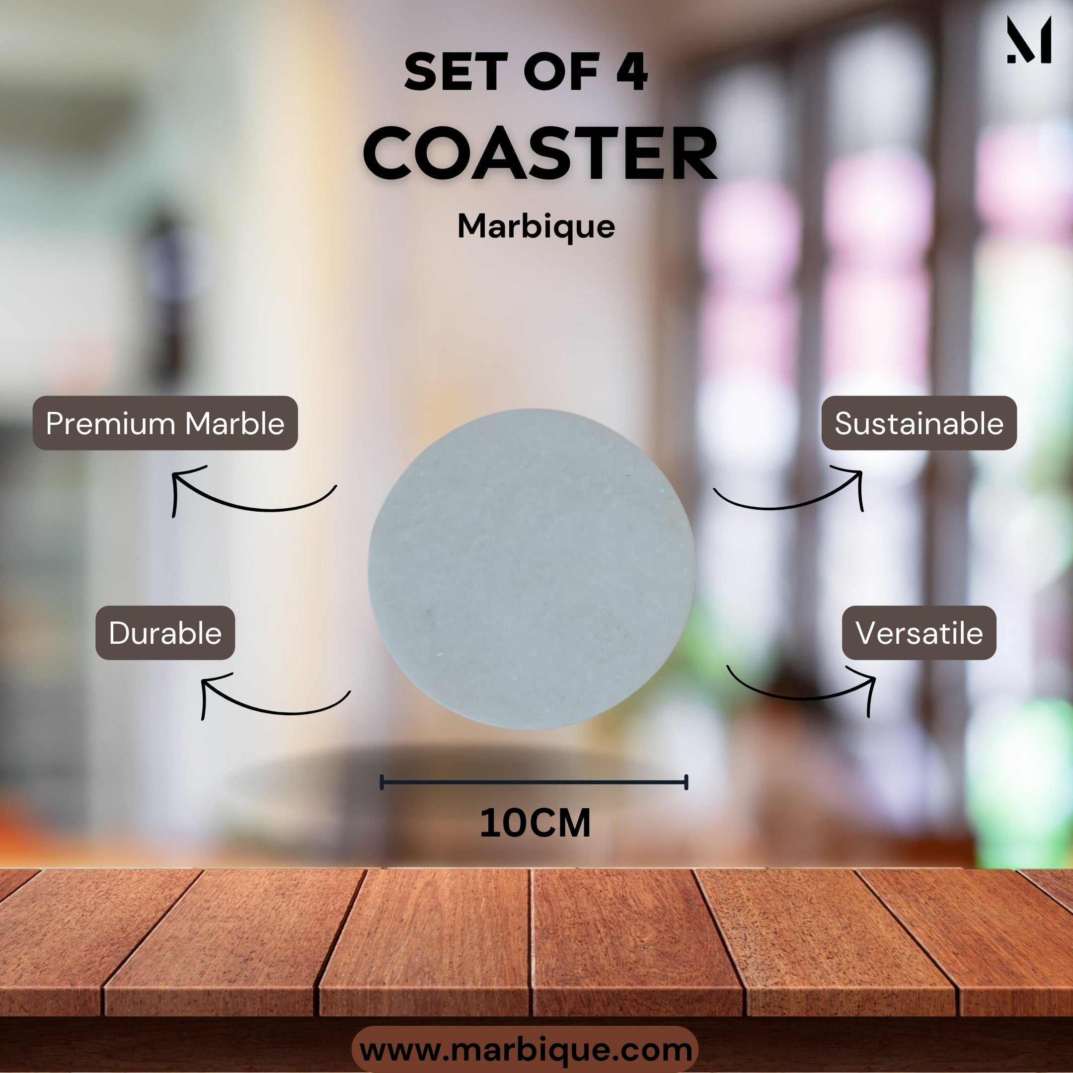 White marble coaster set infographic with features: premium marble, durable, sustainable, versatile, 10cm diameter