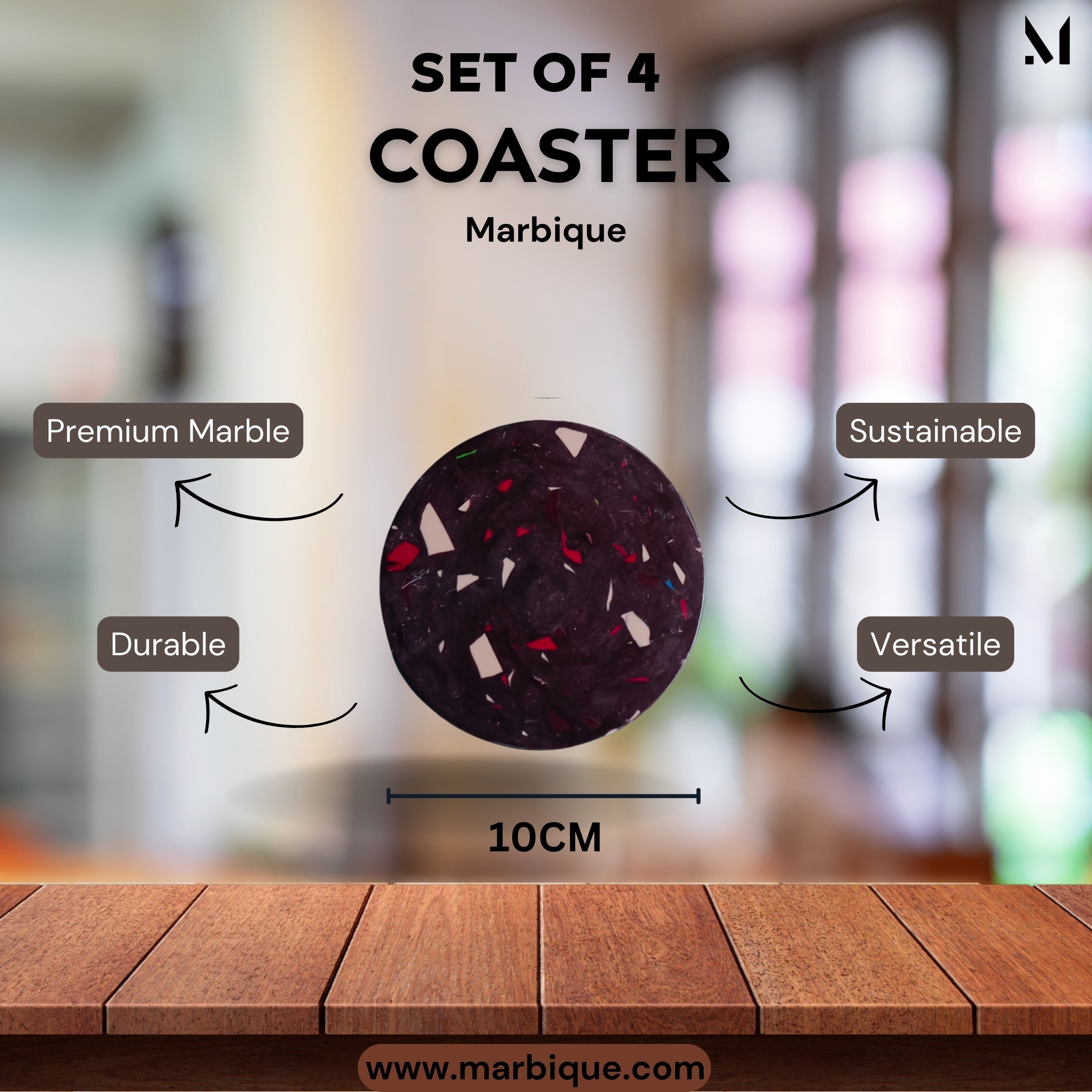 Product infographic showing marble coaster features - elegant home decor