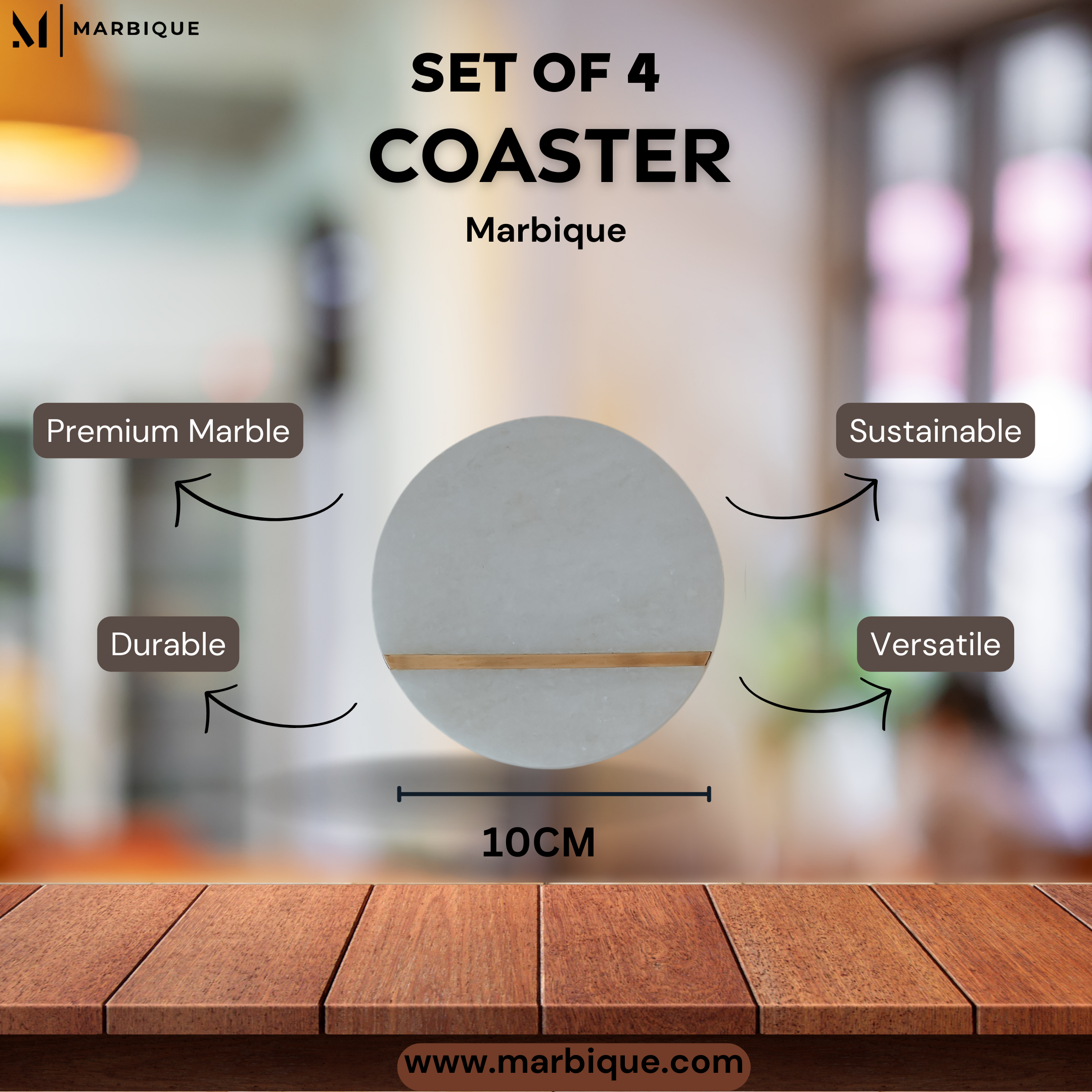 Premium White Marble Round Coasters with Brass Inlay - Handcrafted Set of 4