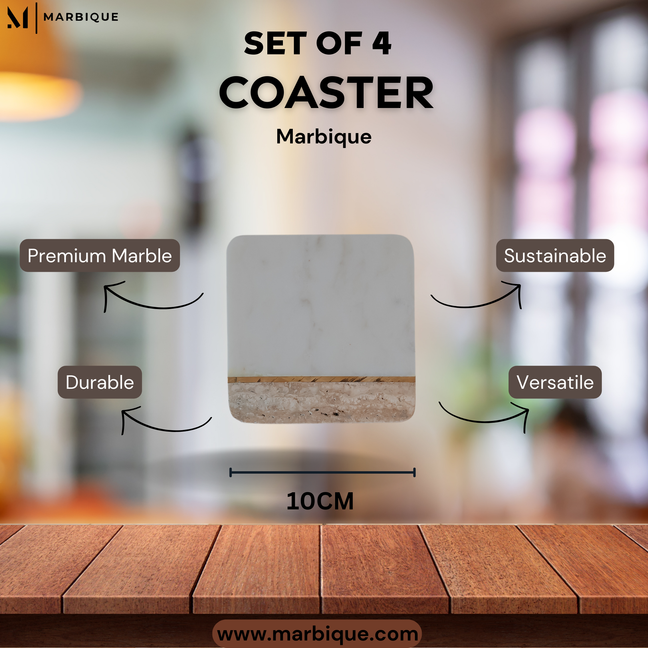Luxury White Marble Coasters Set of 4 | Brass Inlay Square Design | Premium Table Décor