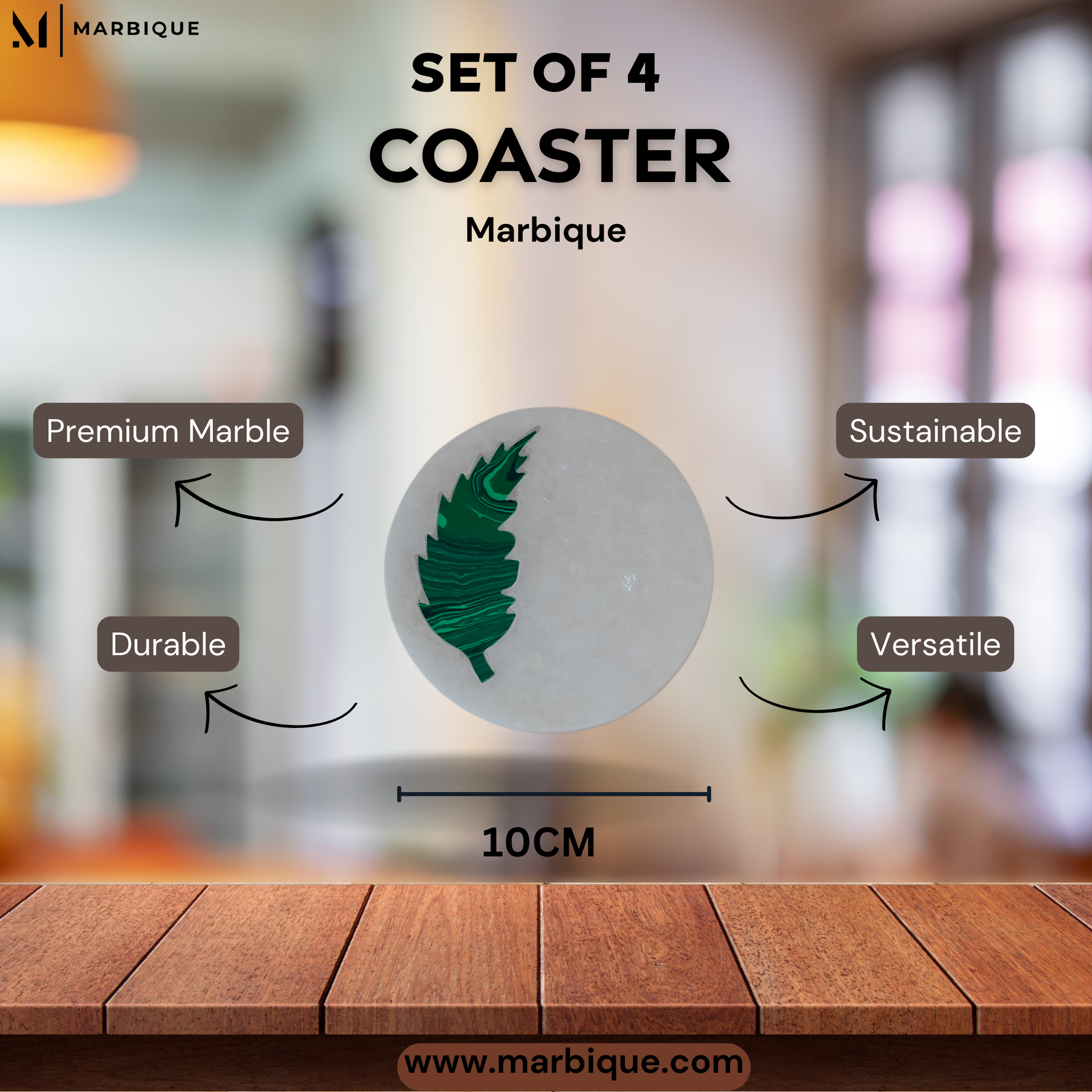 Emerald Green Stone Inlay White Marble Coasters Set - Handcrafted Premium Home Decor (4 Pack)