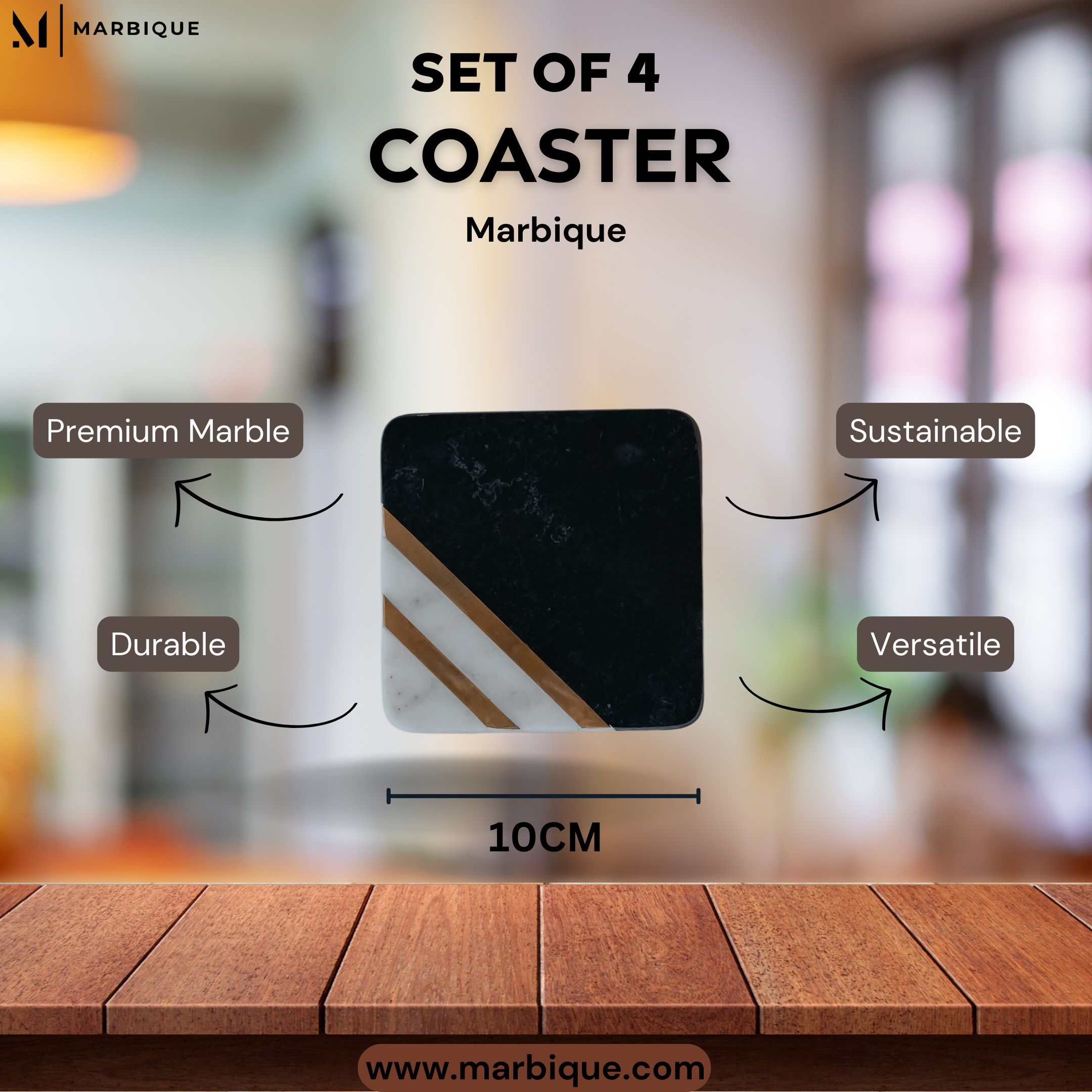 Luxury White Marble Coasters with Brass Inlay | Set of 4 Square Coasters for Home Decor