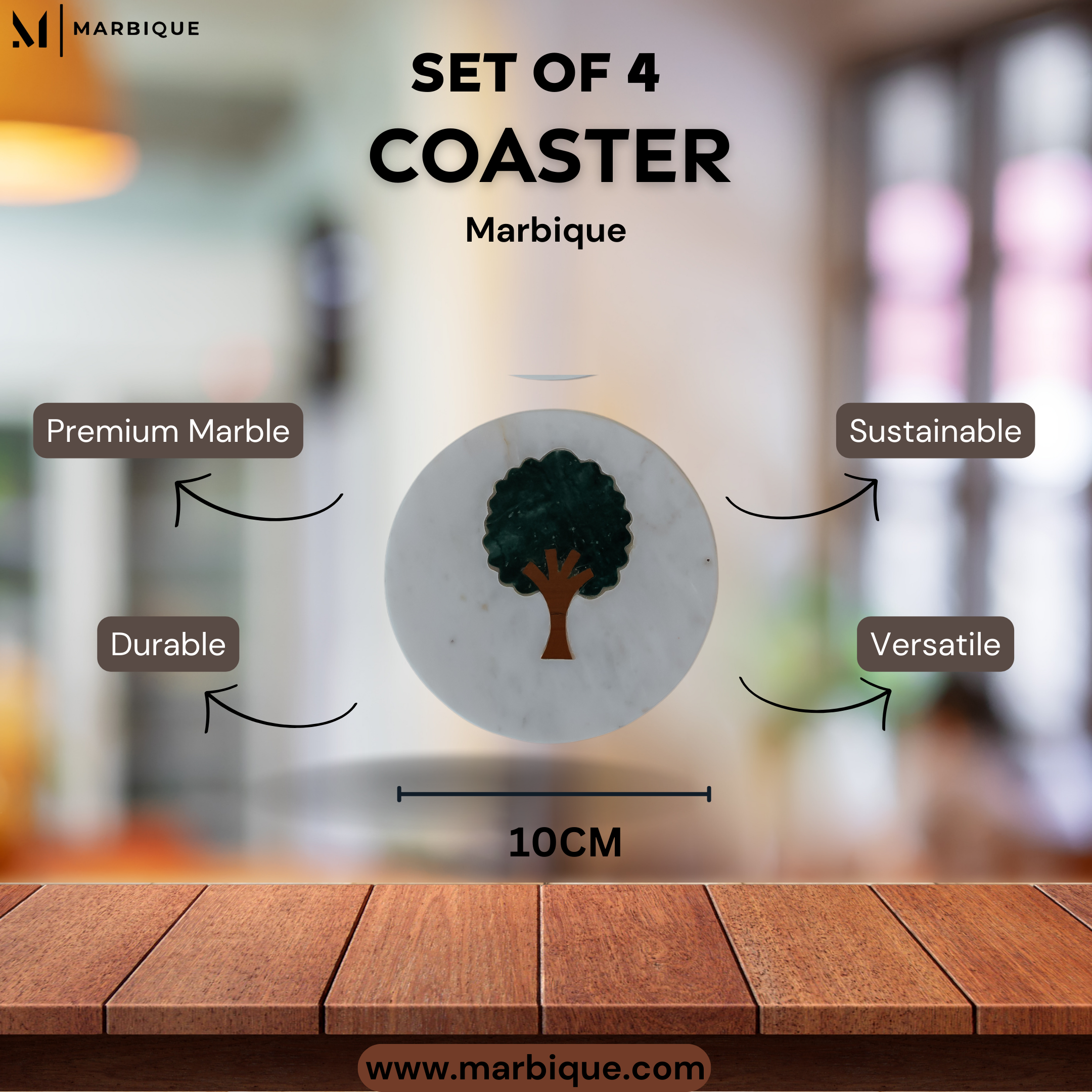 White Marble Coasters with Peepal Tree Inlay | Set of 4