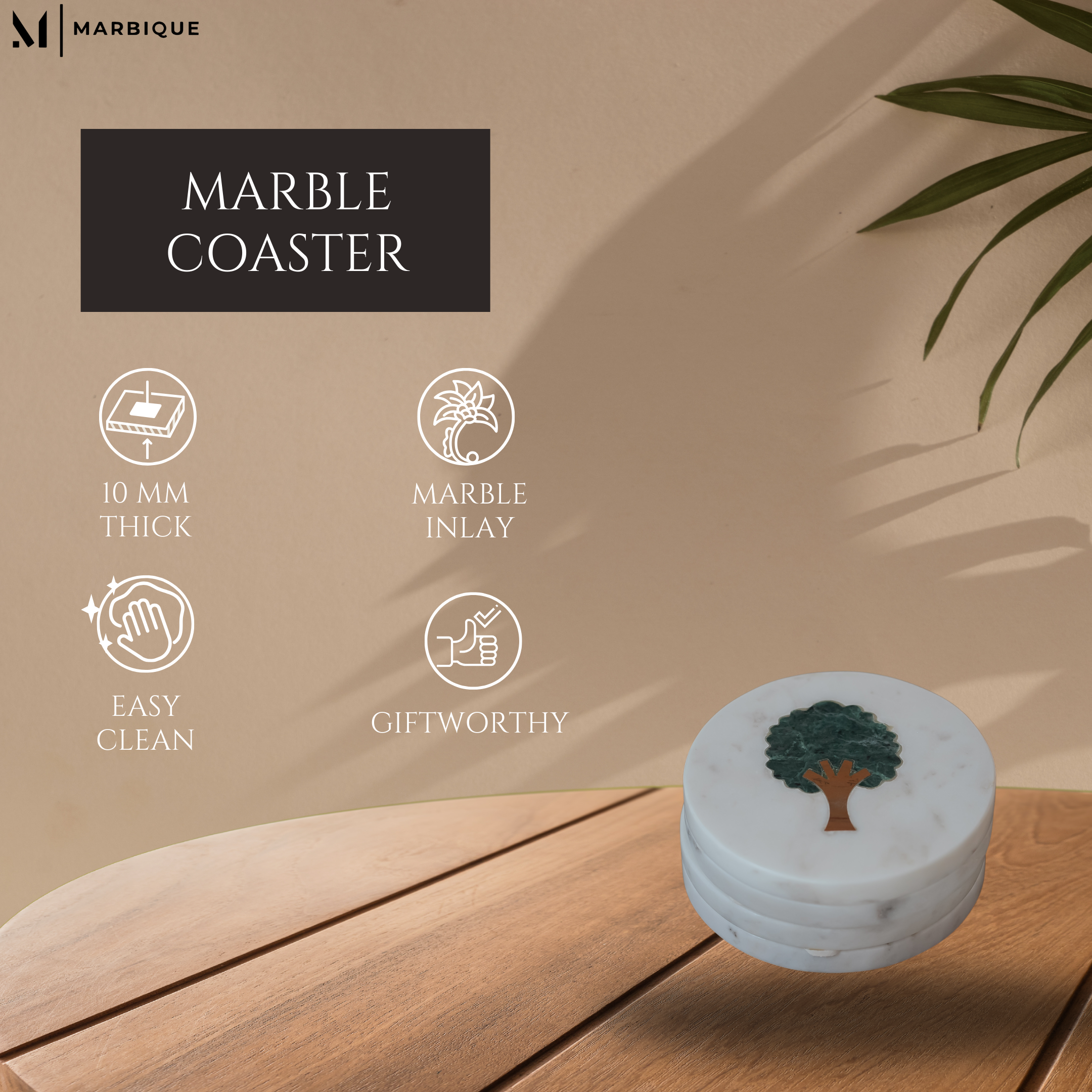 White Marble Coasters with Peepal Tree Inlay | Set of 4