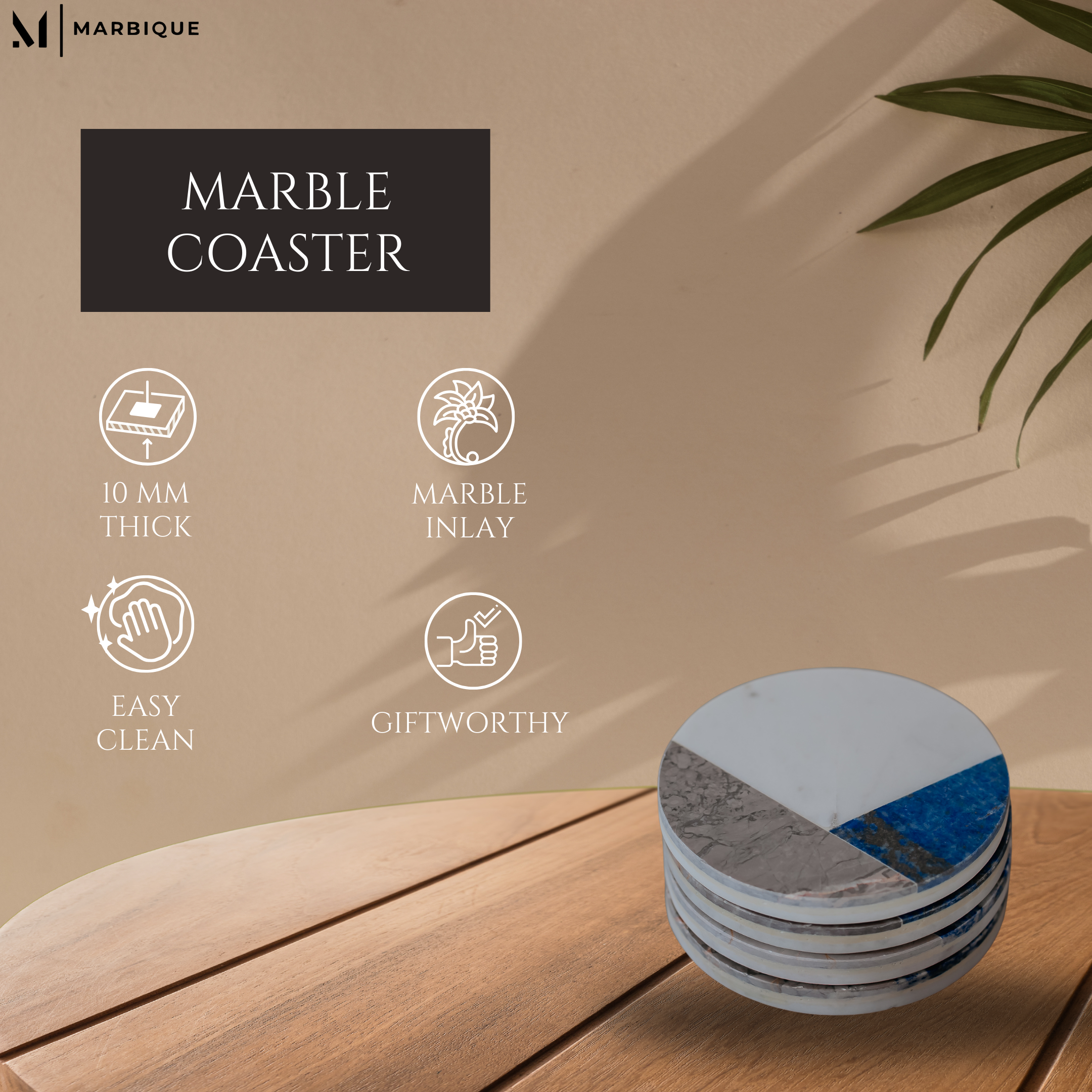 Luxury Marble Stone Inlay Coasters Set of 4 | Handcrafted White Marble with Blue, Brown & Beige Stone Accents