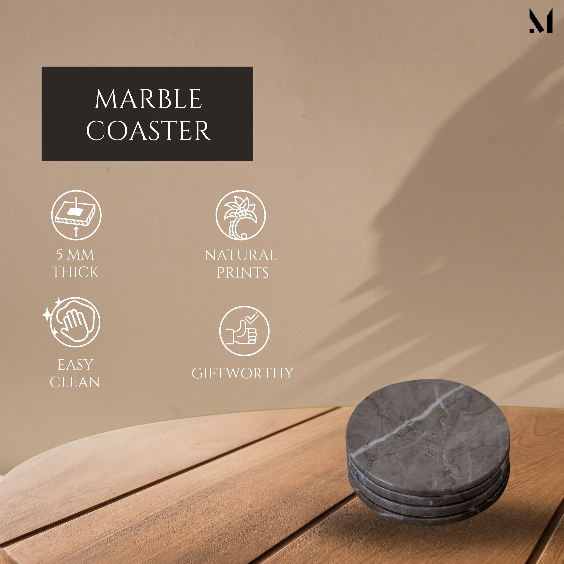 Elegant Grey Marble Coasters Set of 4 | Artisan Crafted Italian Stone