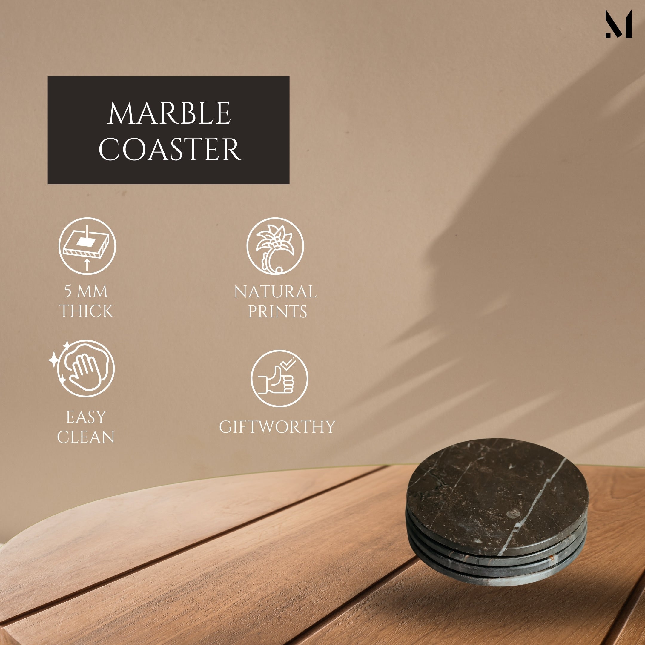 Artisan Italian Marble Coaster Set - Elegant Brown Stone Coasters (4 Pack)