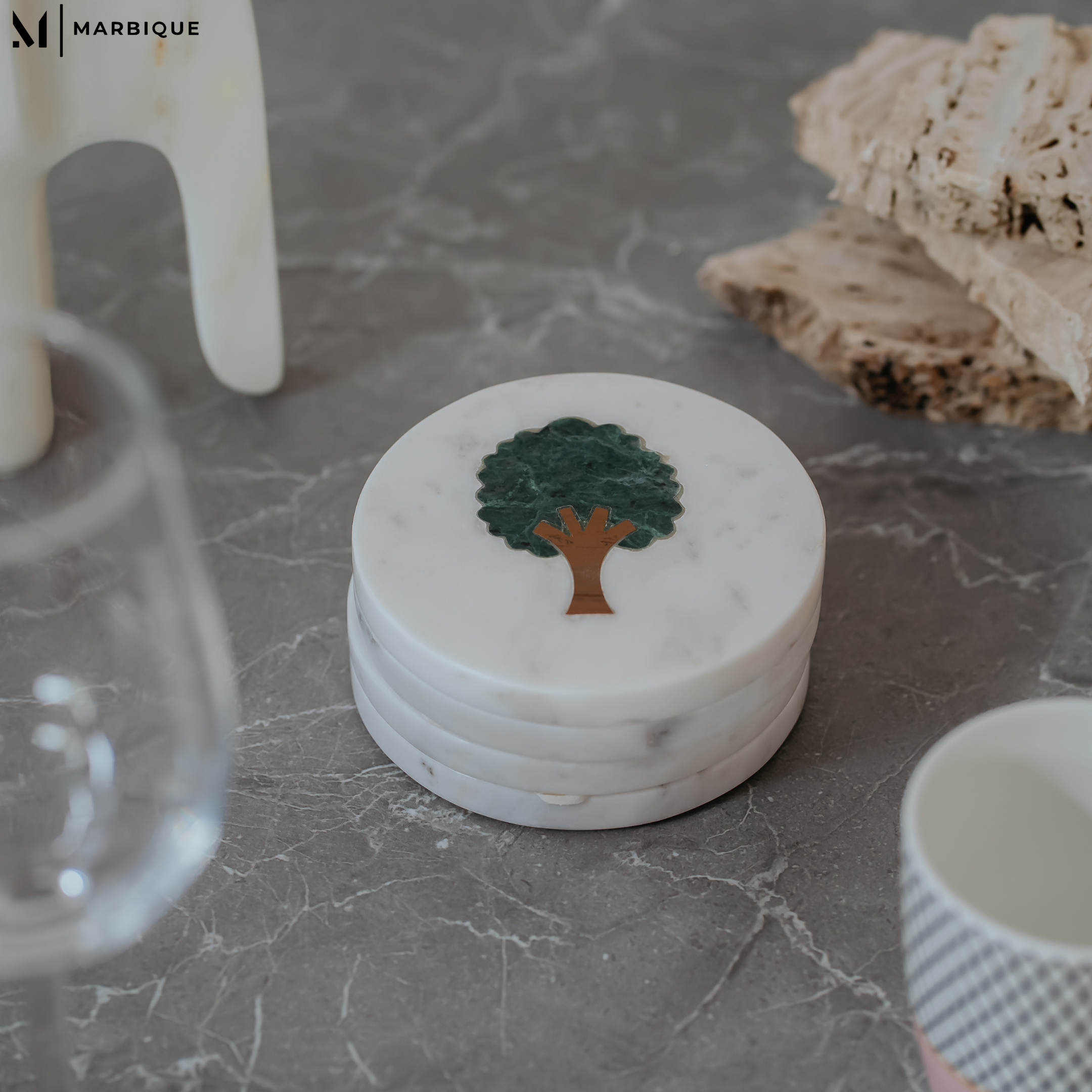 Premium White Marble Coasters with Peepal Tree Inlay - Elegant Handcrafted Set (4 Pack)