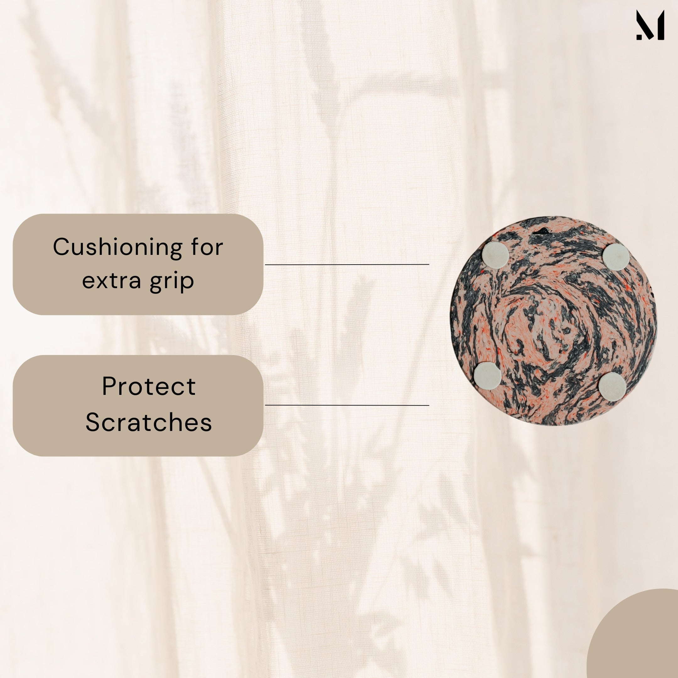 Styled product display of elegant marble resin coasters in home decor setting