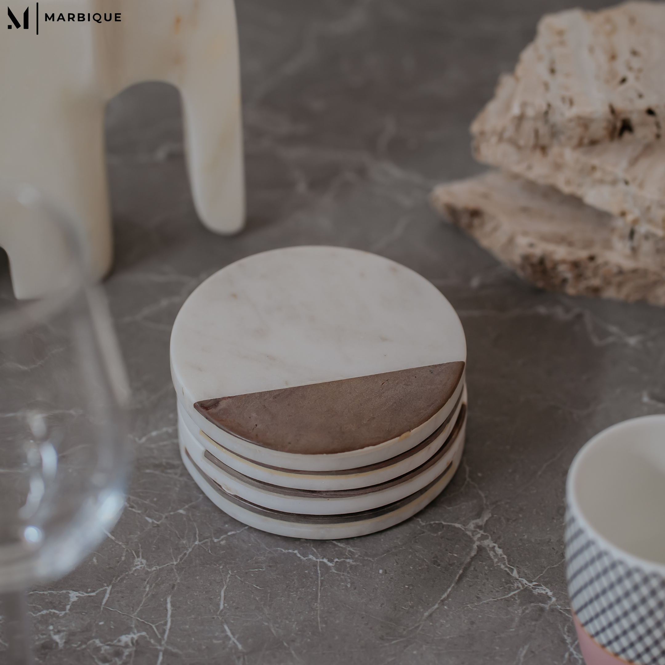 Luxury Marble Coasters with Geometric Stripes - Handcrafted Modern Home Decor Set (4 Pack)