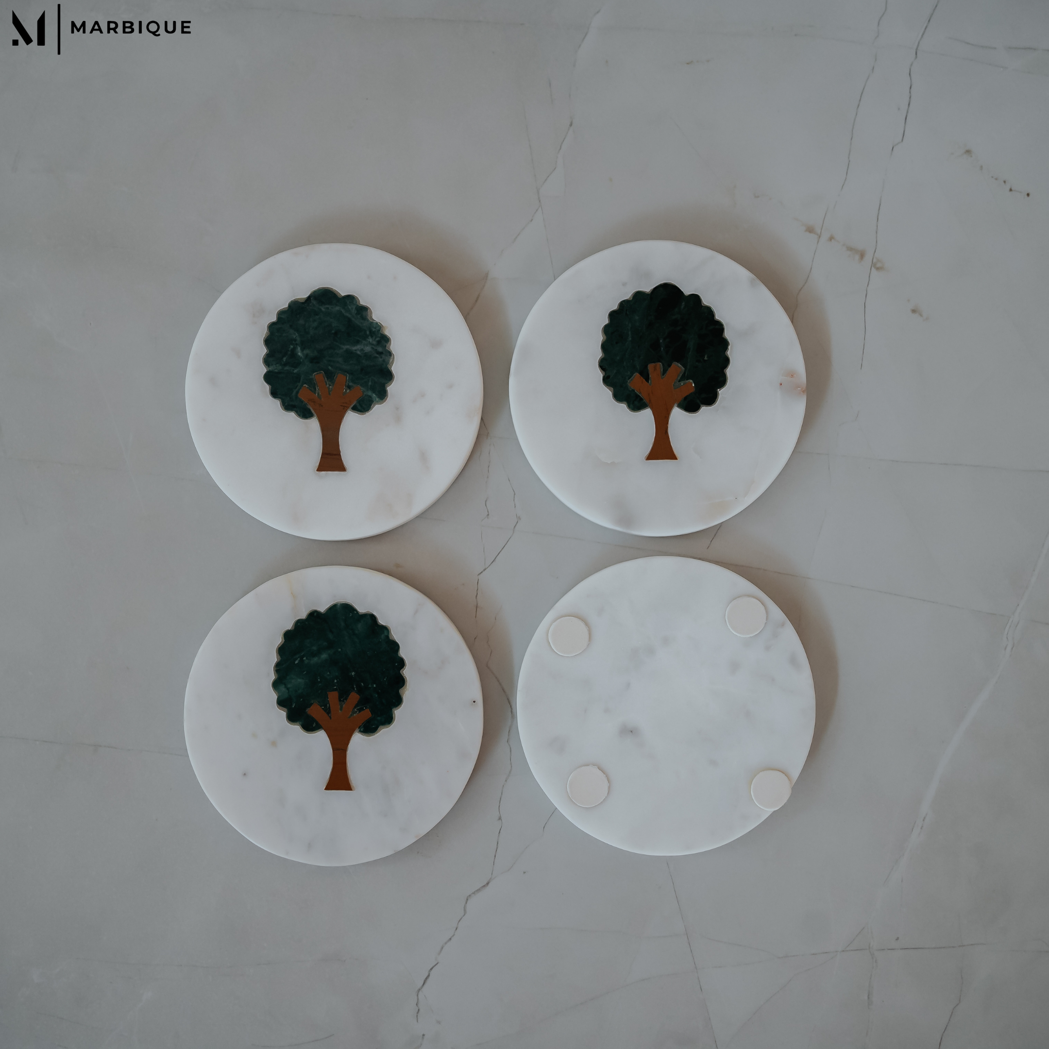 Premium White Marble Coasters with Peepal Tree Inlay - Elegant Handcrafted Set (4 Pack)