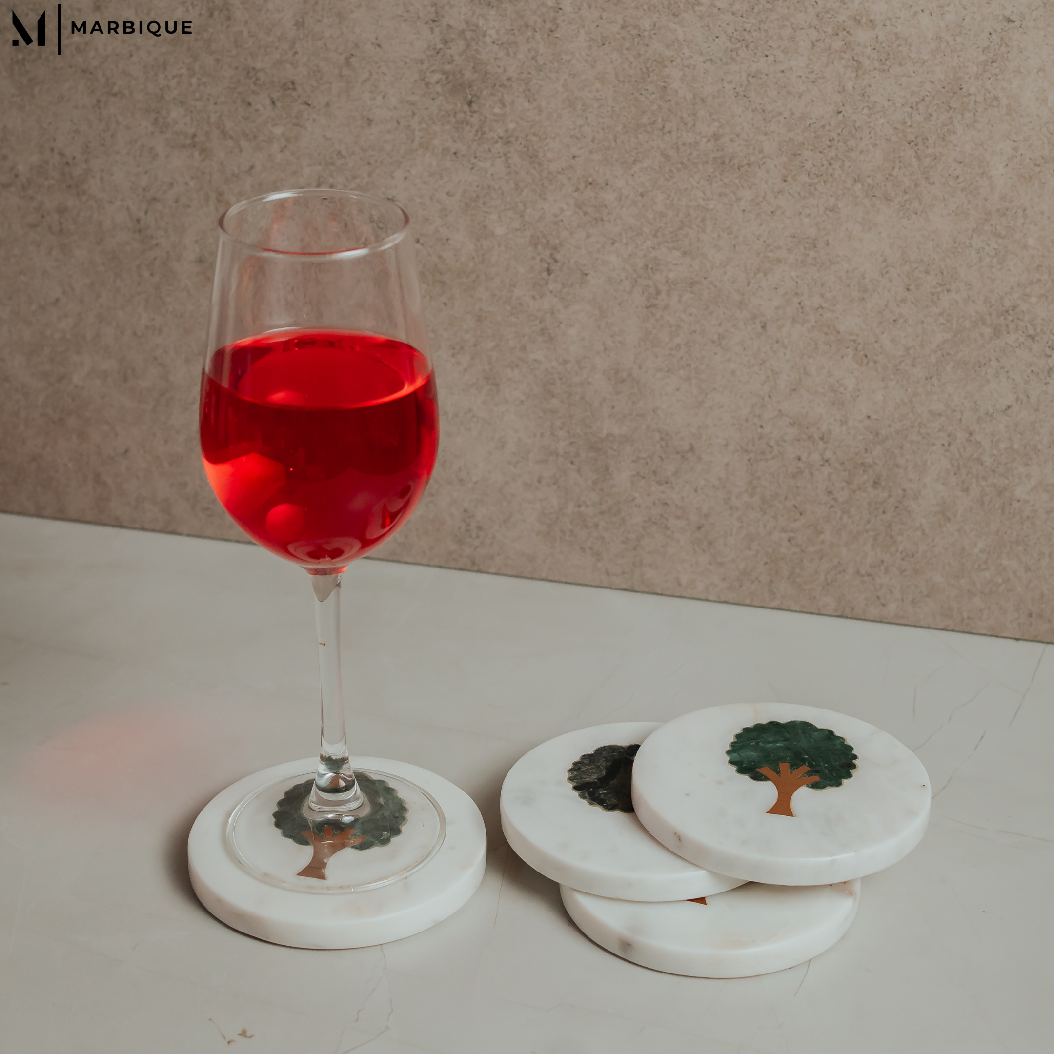 White Marble Coasters with Peepal Tree Inlay | Set of 4