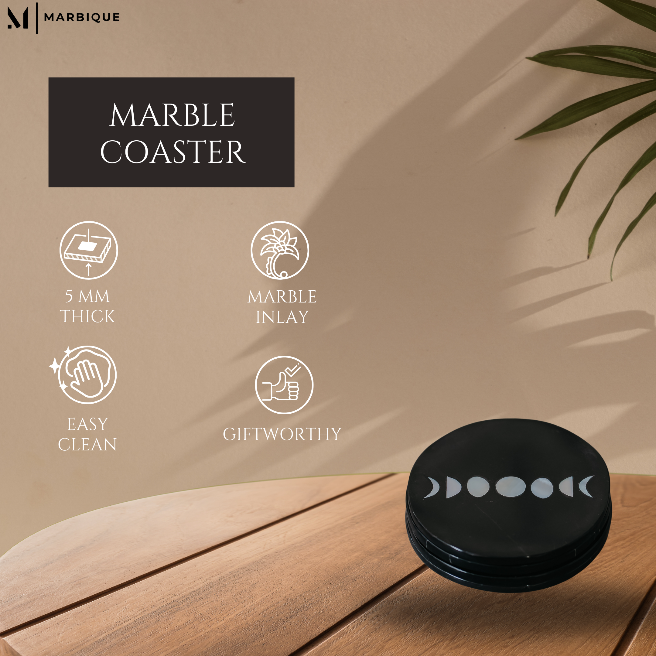 Black Marble Moon Phases Coasters Set of 4 - Italian Stone Celestial Inlay | Premium Tableware