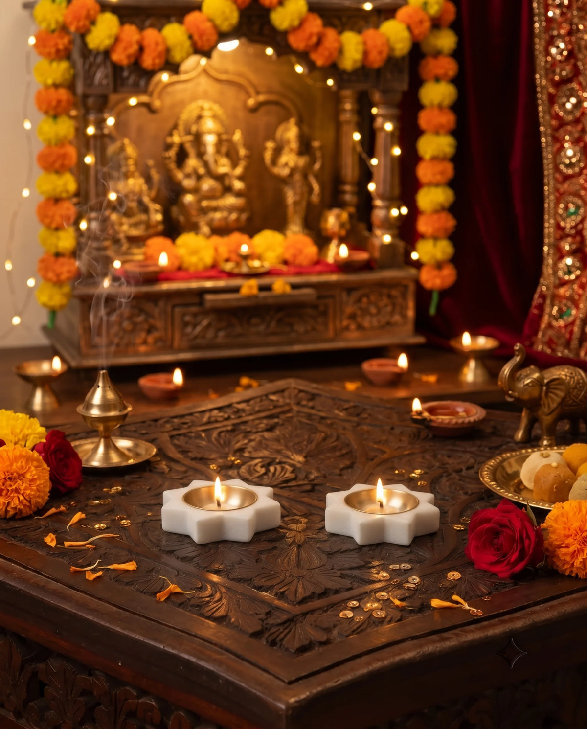 White pointed-star diya-holder designs with gold-tone cups styled on a carved table.