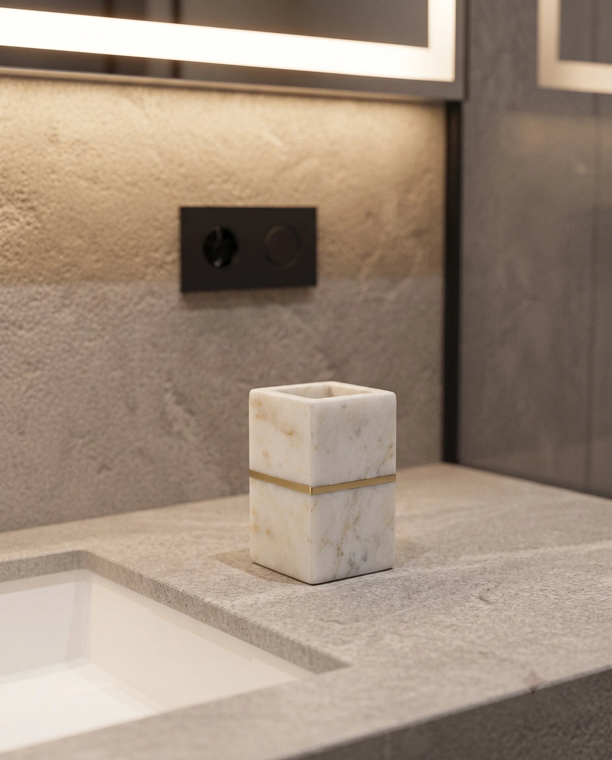White open rectangular bathroom holder with subtle veining and a gold-tone band.