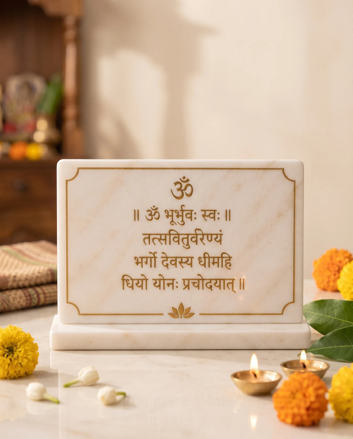Front view of the white Gayatri Mantra plaque pictured on a rectangular base beside flowers and small lit lamps.