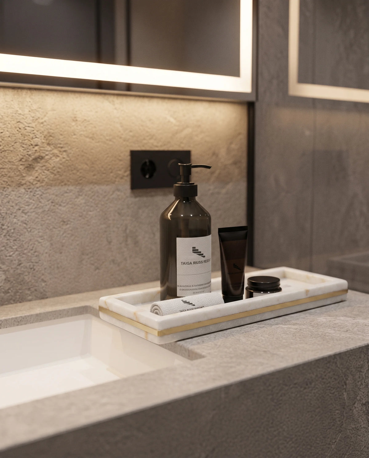 Long white rectangular tray with a gold-tone band, styled with toiletries beside a basin.