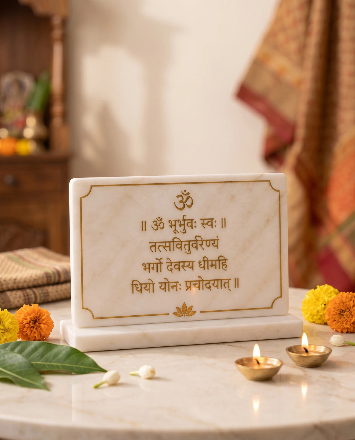 White mantra plaque with Om, lotus and gold-tone border, styled in a devotional setting.