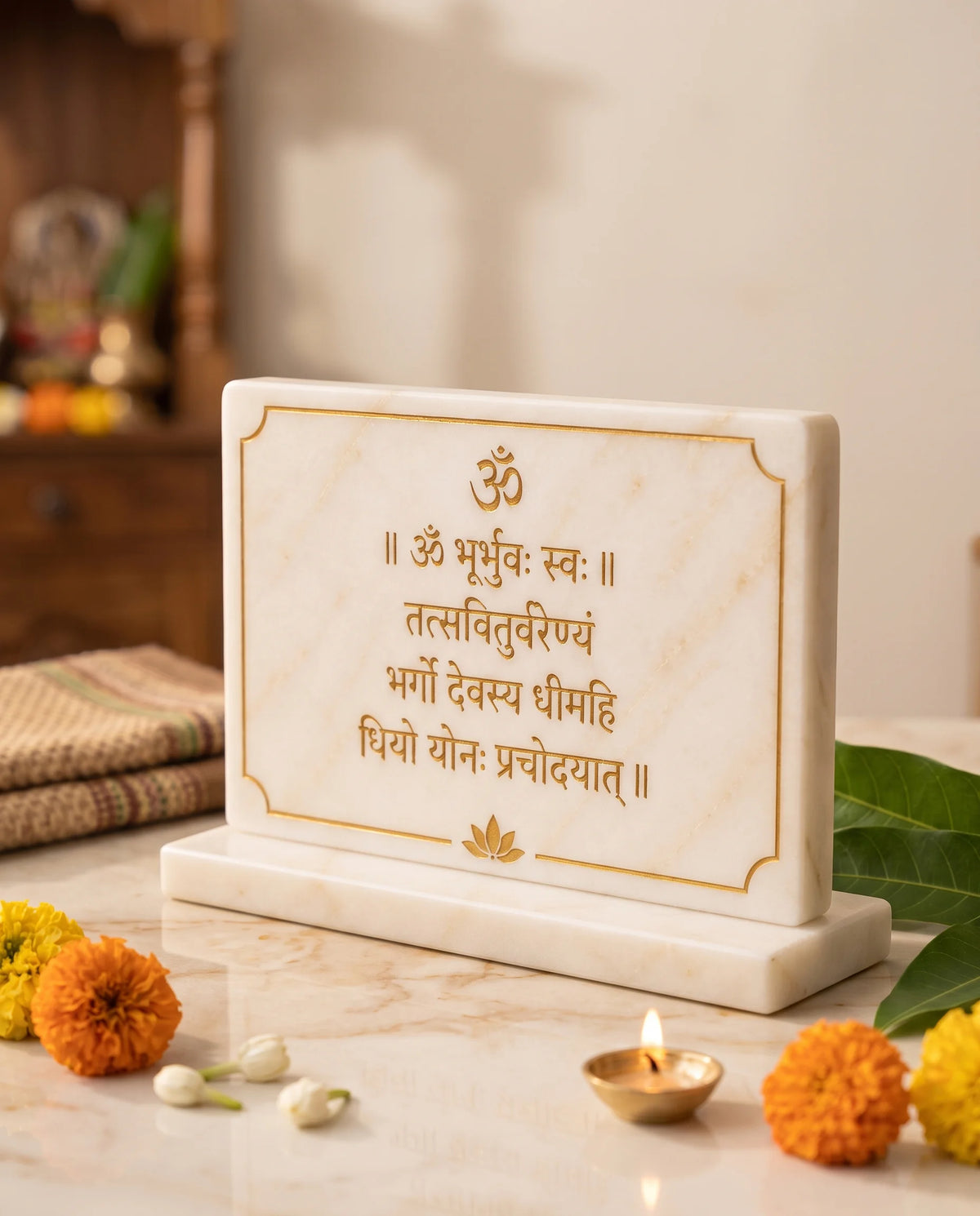 Angled view of the white Gayatri Mantra plaque and pictured rectangular base.