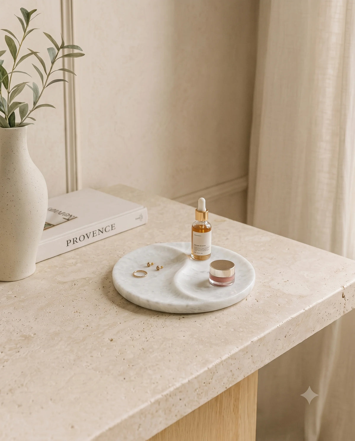 White two-section round tray with pale surface detail displayed as a tabletop accent.