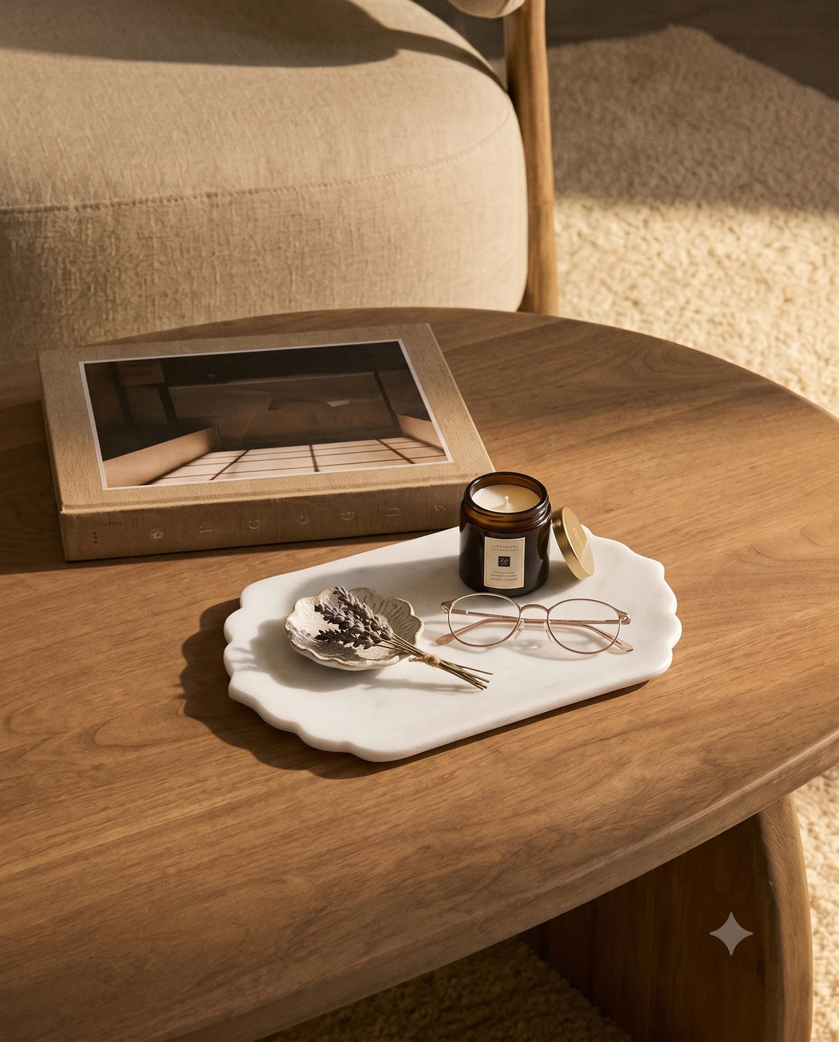 White scalloped-end oblong tray displayed with black Marbique presentation packaging.