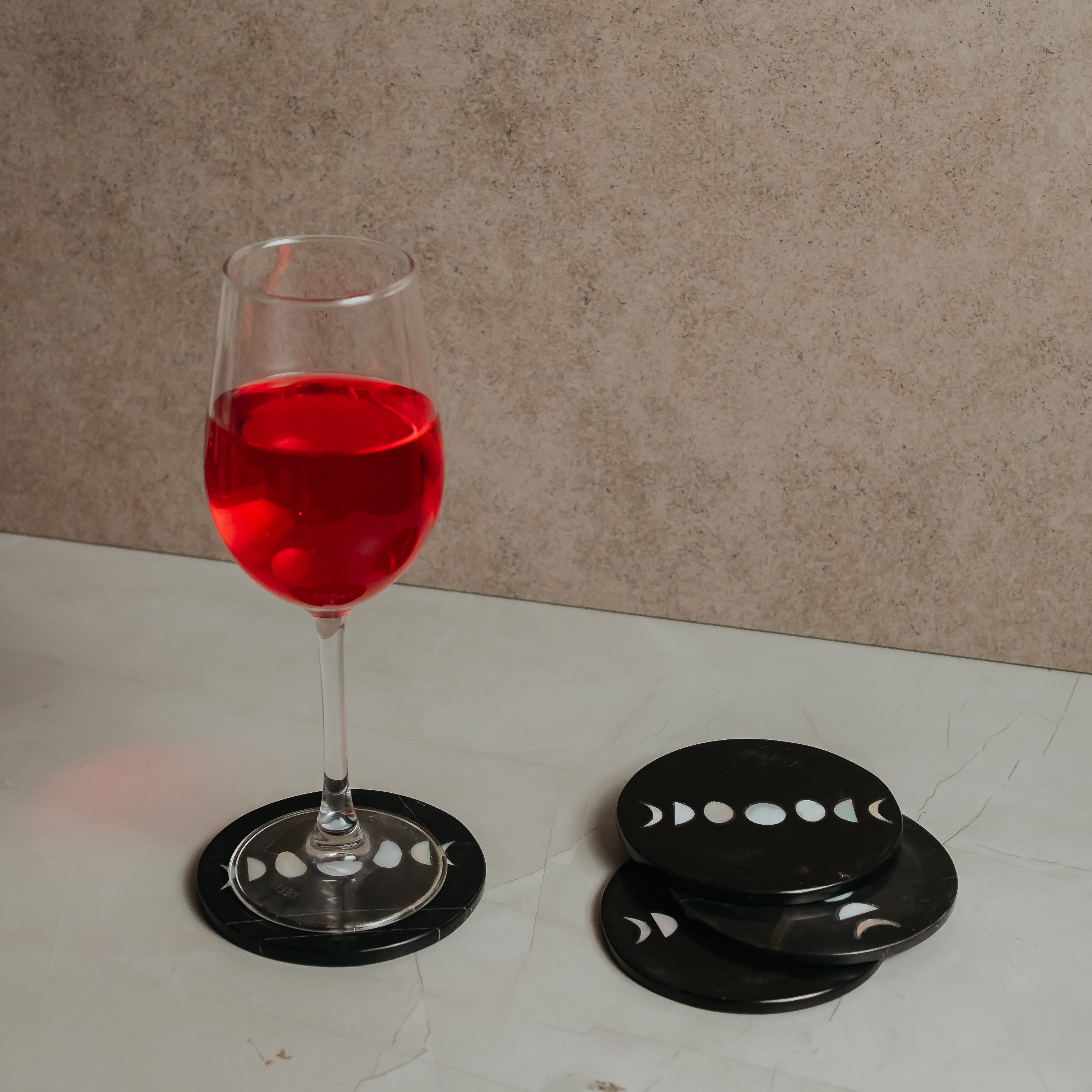Black Marble Moon Phases Coasters Set of 4 - Italian Stone Celestial Inlay | Premium Tableware