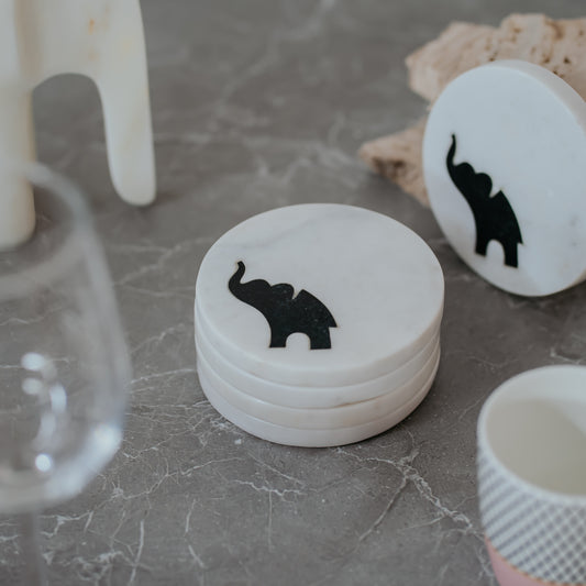 Handcrafted White Marble Coaster with Elephant Inlay Design - Front View