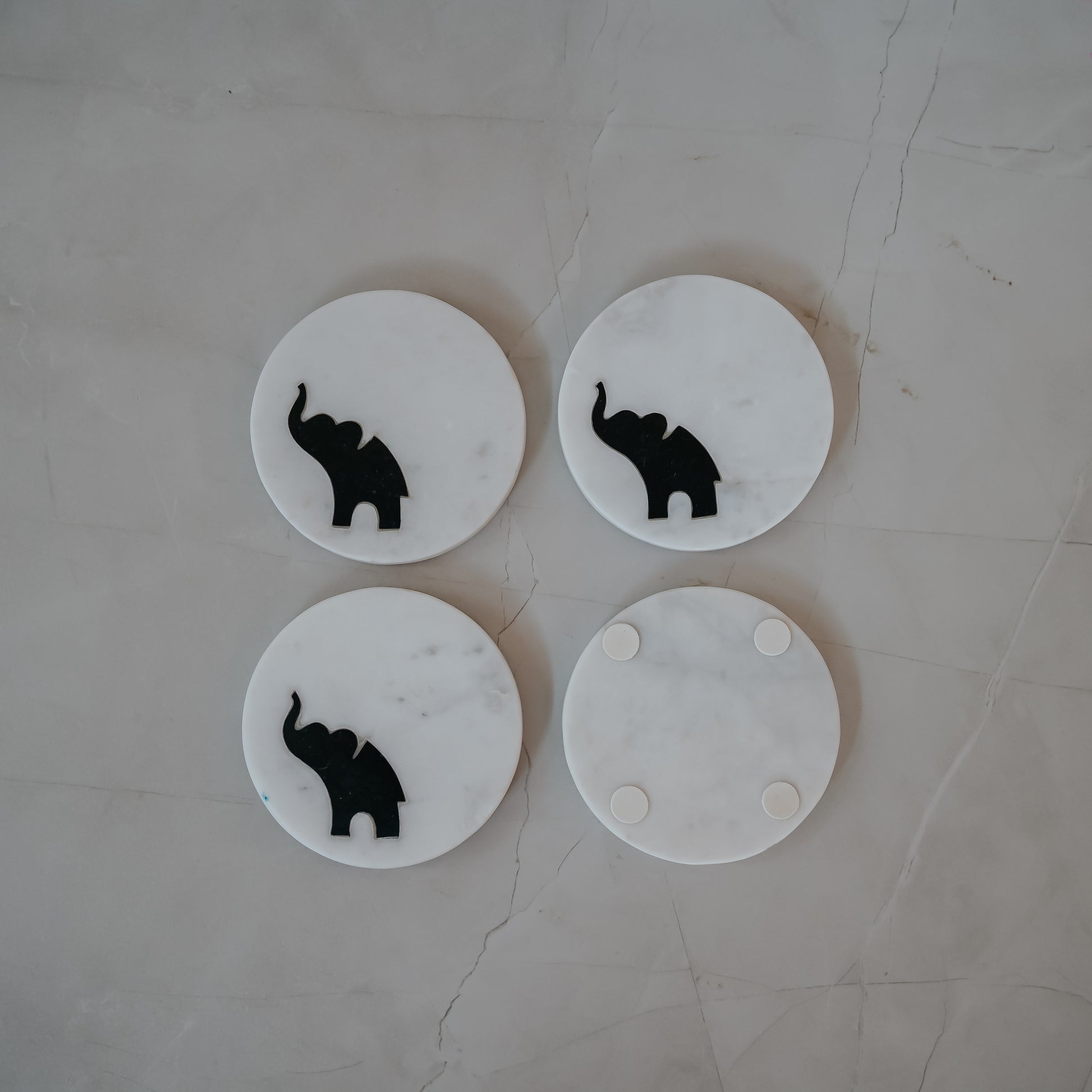 White Marble Coaster Set of 4 with Traditional Indian Elephant Pattern