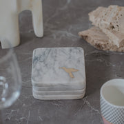 Square white marble coasters with brass flamingo inlay, set of 4 by Marbique