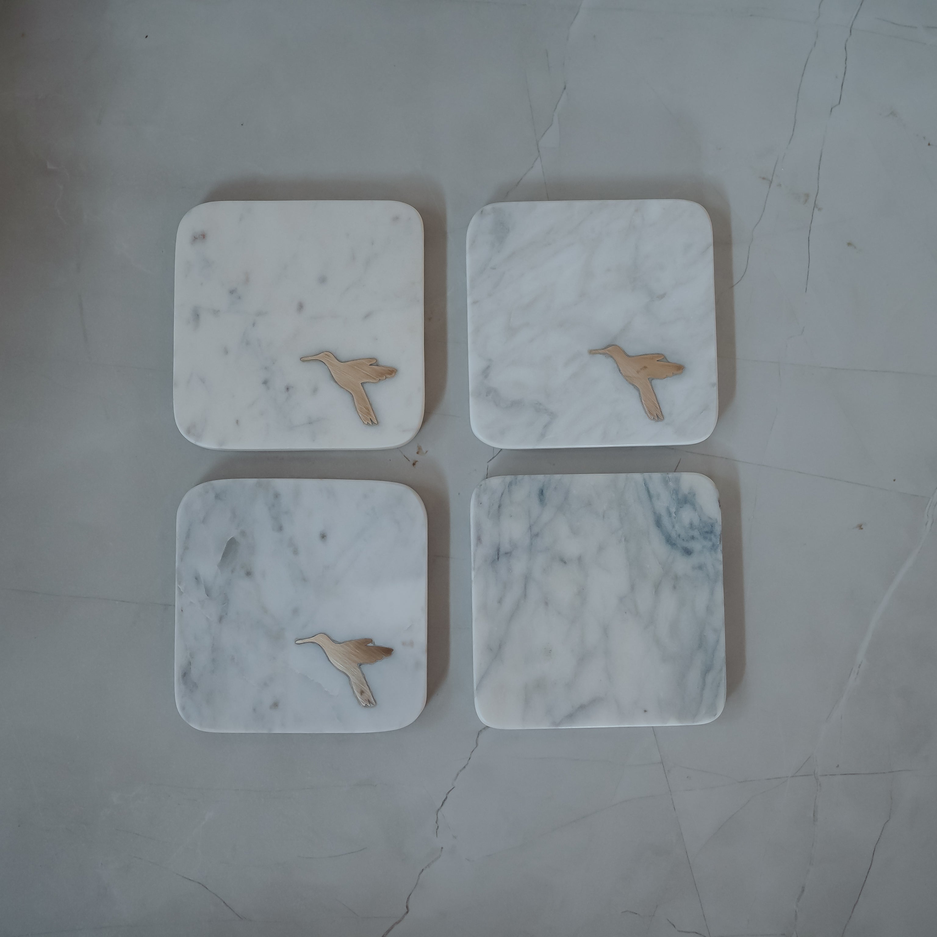 White Marble Square Brass Flamingo Inlay Coasters Set of 4 - Handcrafted Premium Tableware