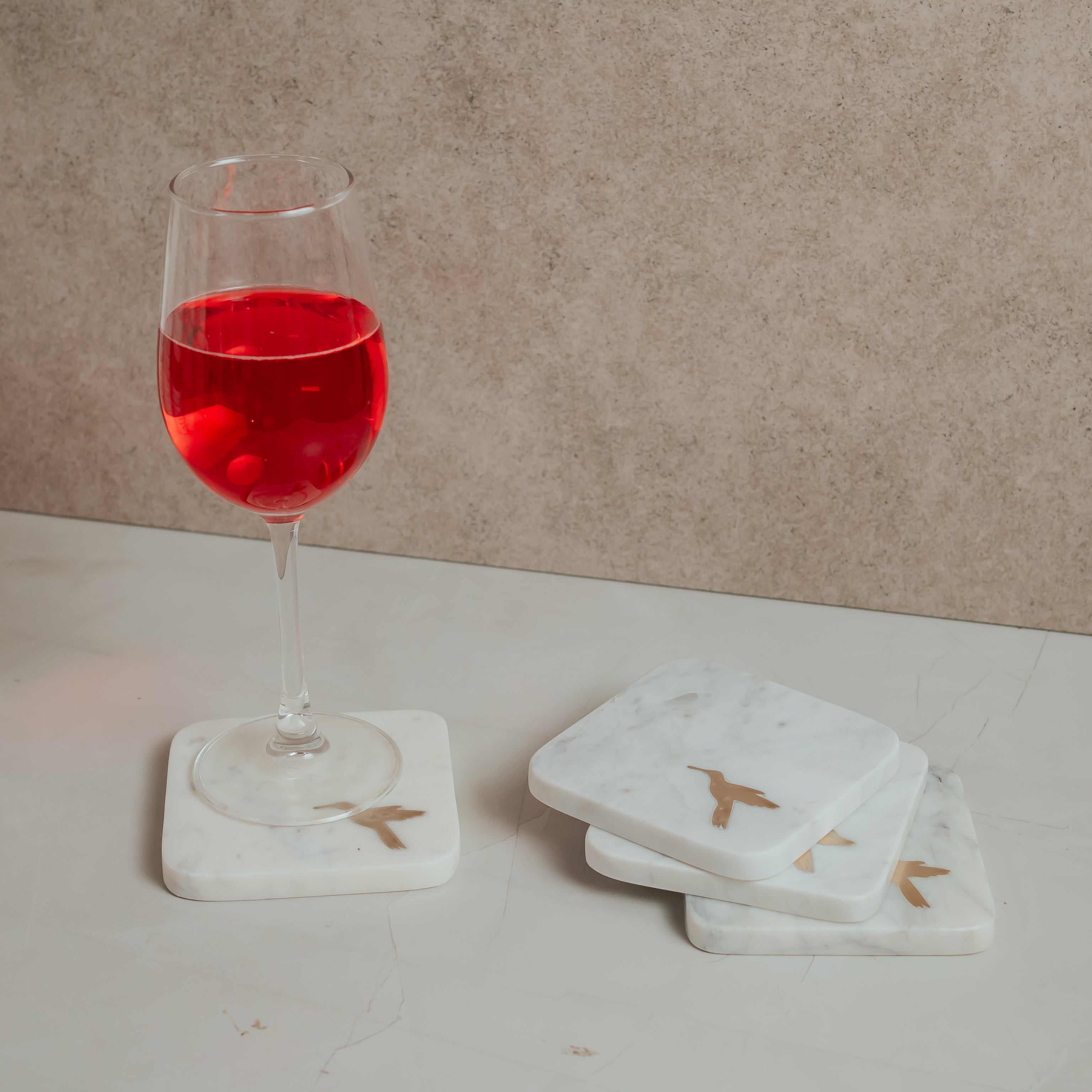 White Marble Square Coasters with Brass Flamingo Inlay | Set of 4