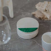 Premium White Marble Round Coasters with Green Stone Inlay - Handcrafted Set of 4