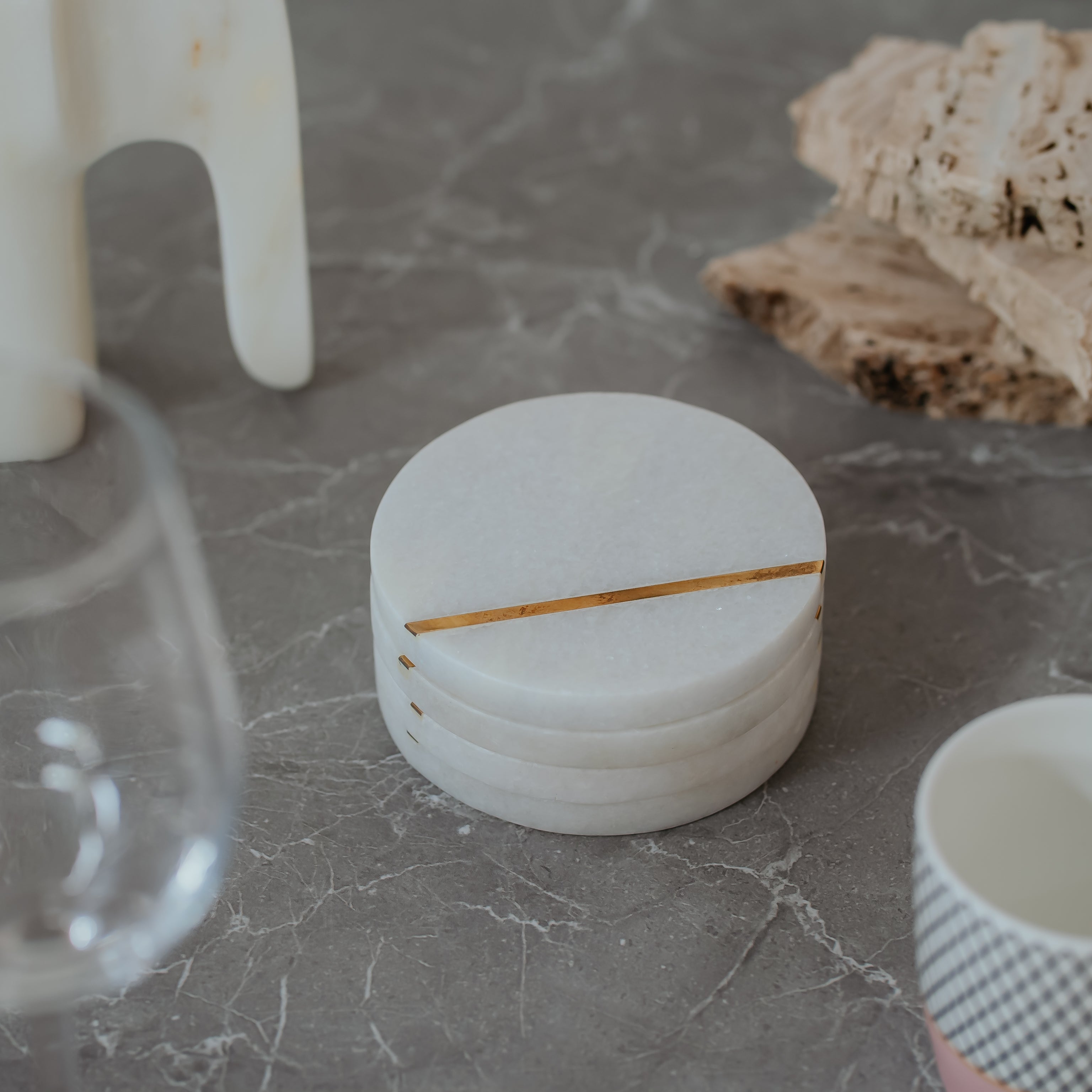 Premium White Marble Round Coasters with Brass Inlay - Handcrafted Set of 4