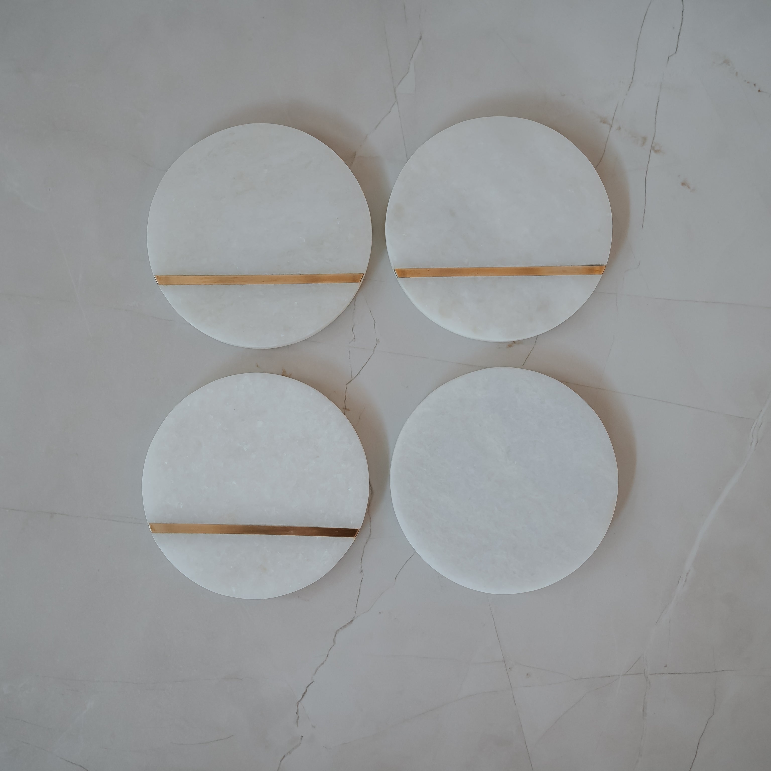 Premium White Marble Round Coasters with Brass Inlay - Handcrafted Set of 4