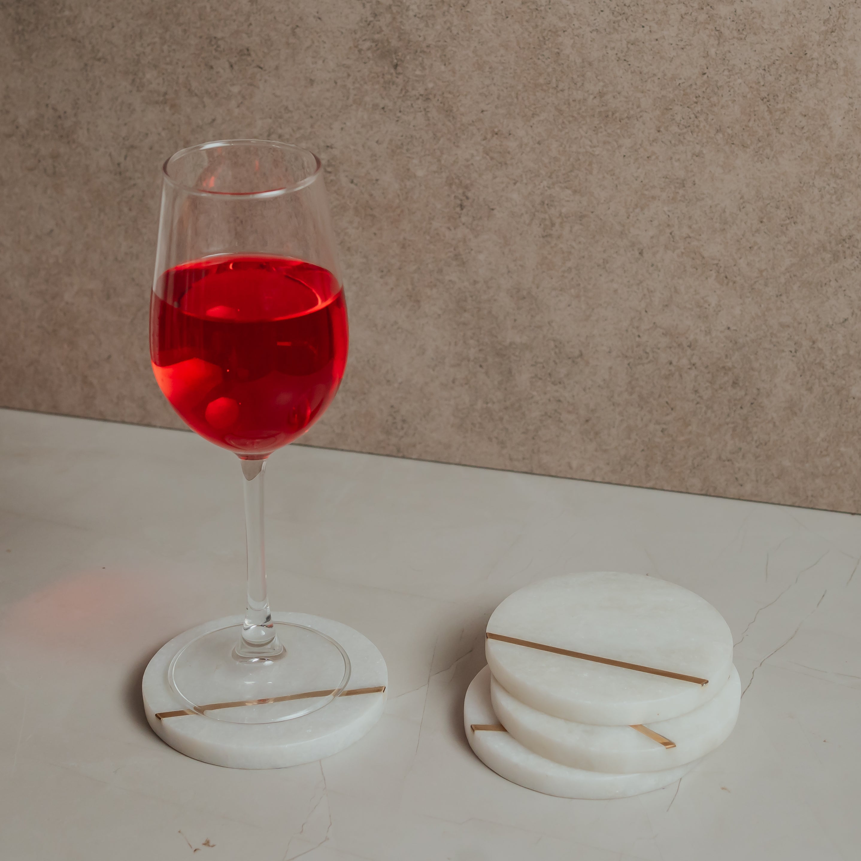 Premium White Marble Round Coasters with Brass Inlay - Handcrafted Set of 4
