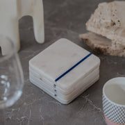 Minimalist White Marble Square Coasters with Blue Stripe - Handcrafted Set of 4
