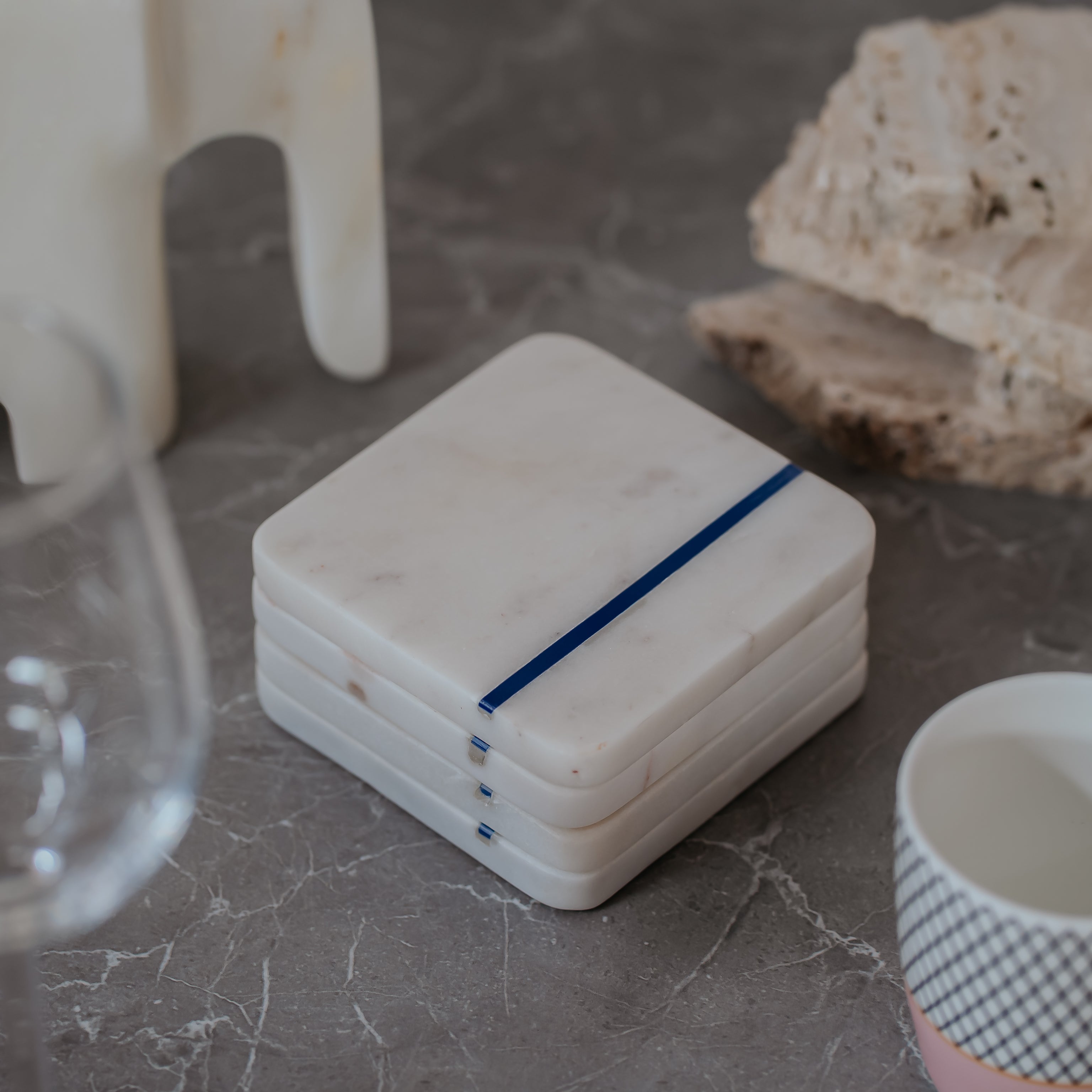 Minimalist White Marble Square Coasters with Blue Stripe - Handcrafted Set of 4