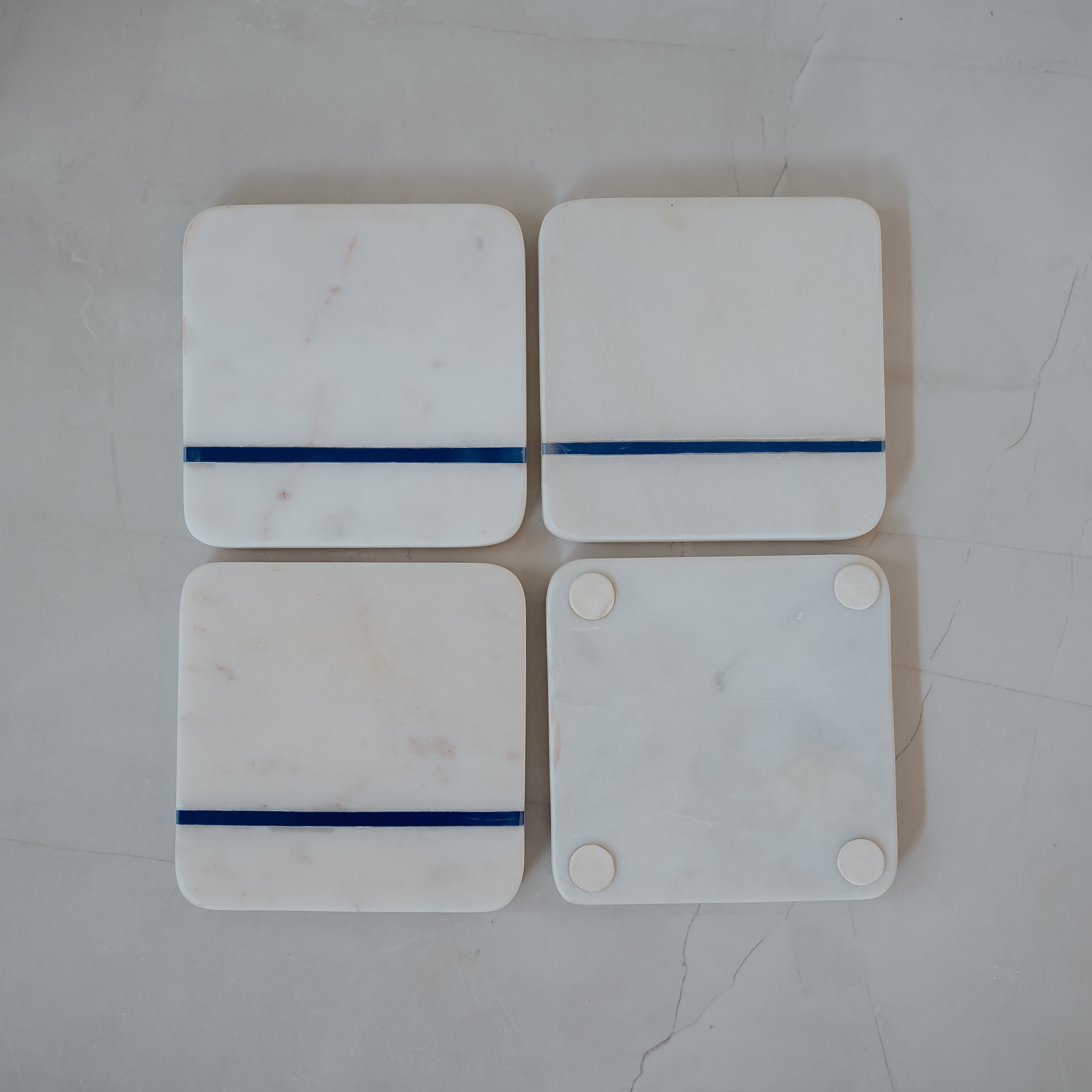 Minimalist White Marble Square Coasters with Blue Stripe - Handcrafted Set of 4