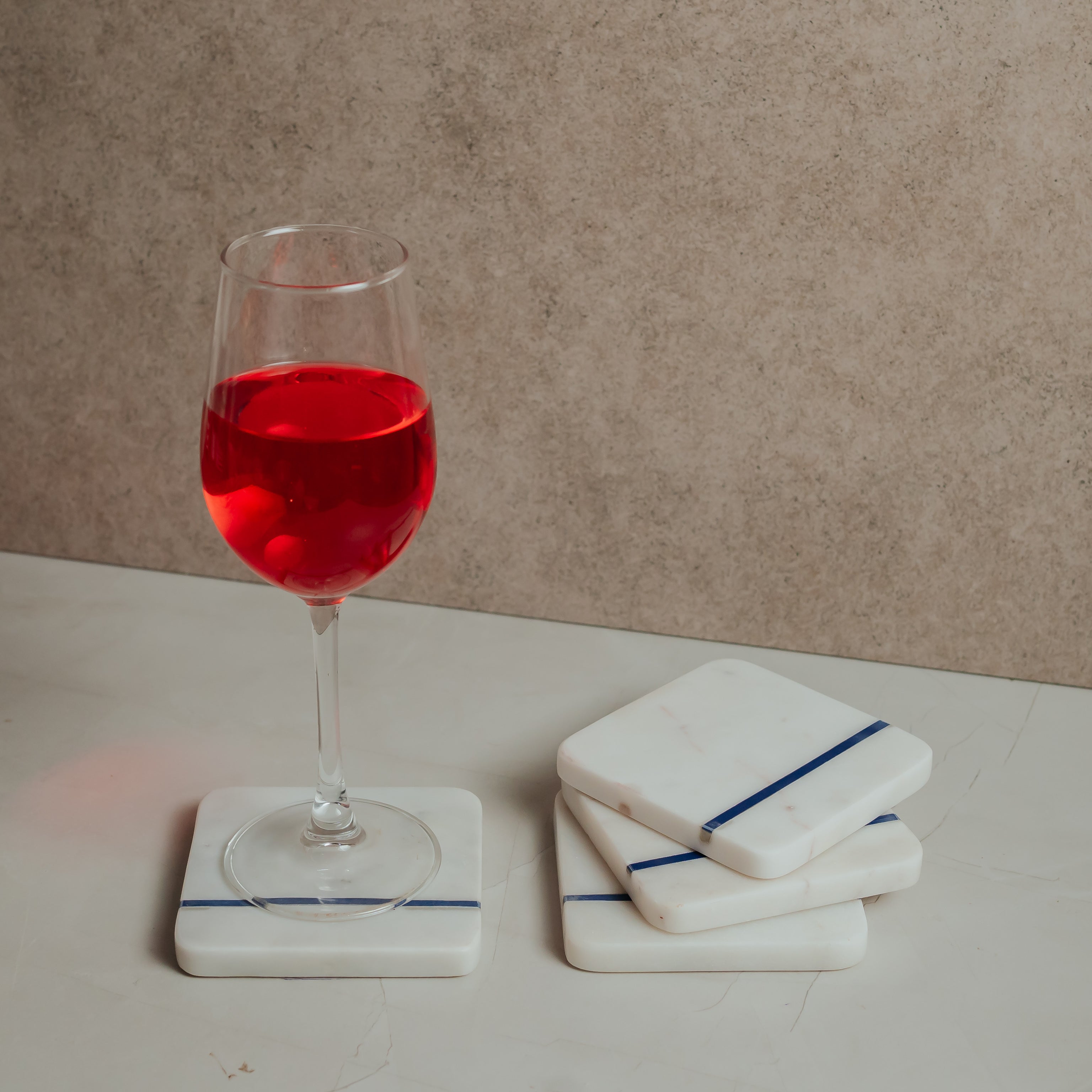 Minimalist White Marble Square Coasters with Blue Stripe - Handcrafted Set of 4
