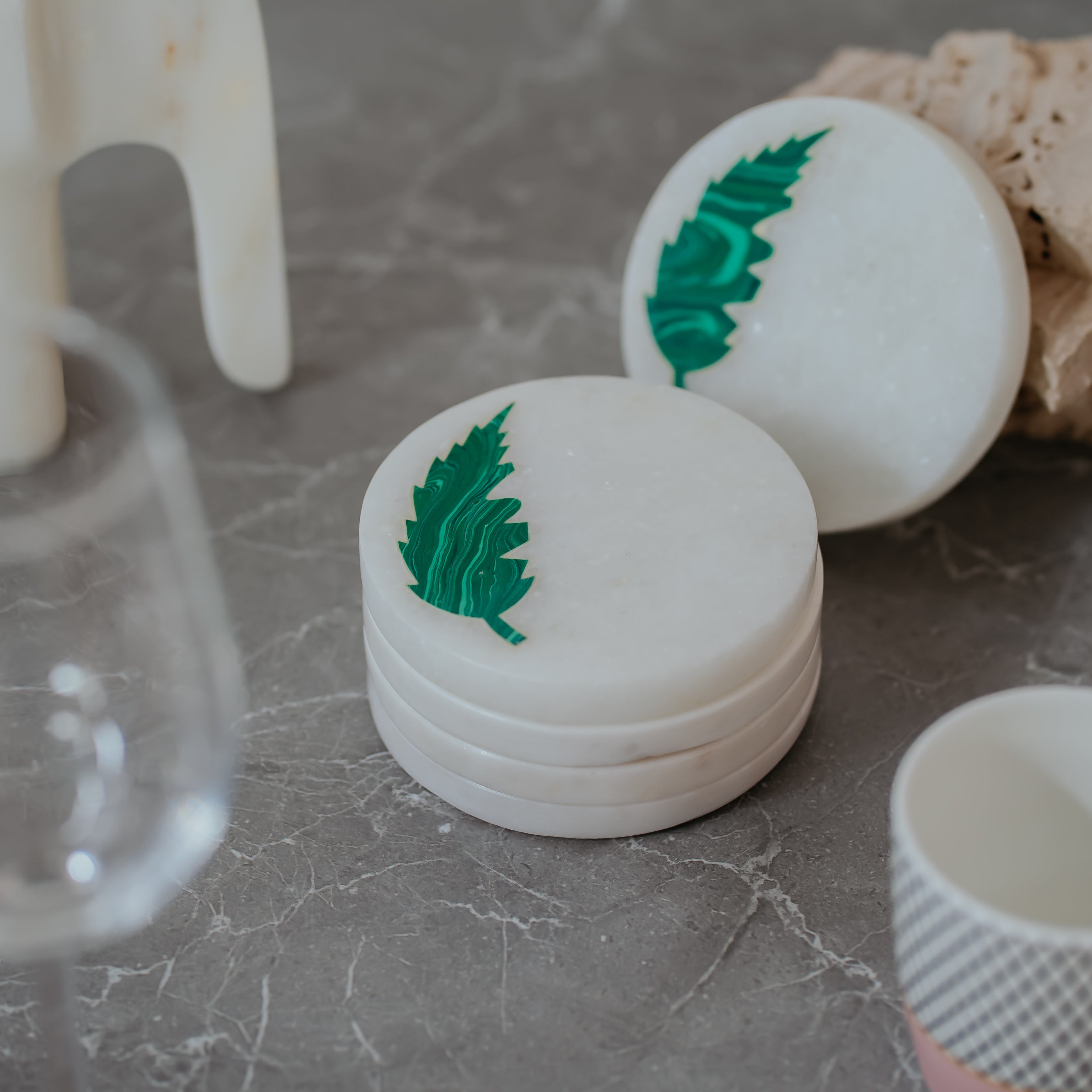 Emerald Green Stone Inlay White Marble Coasters Set - Handcrafted Premium Home Decor (4 Pack)
