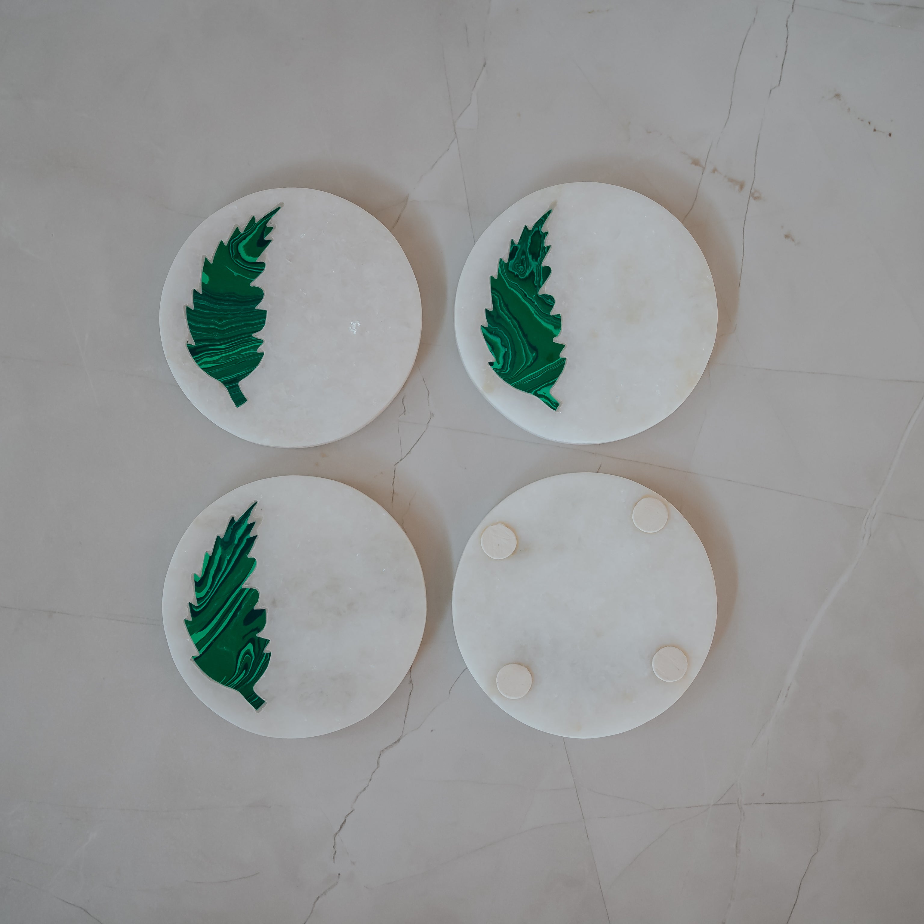 Emerald Green Stone Inlay White Marble Coasters Set - Handcrafted Premium Home Decor (4 Pack)