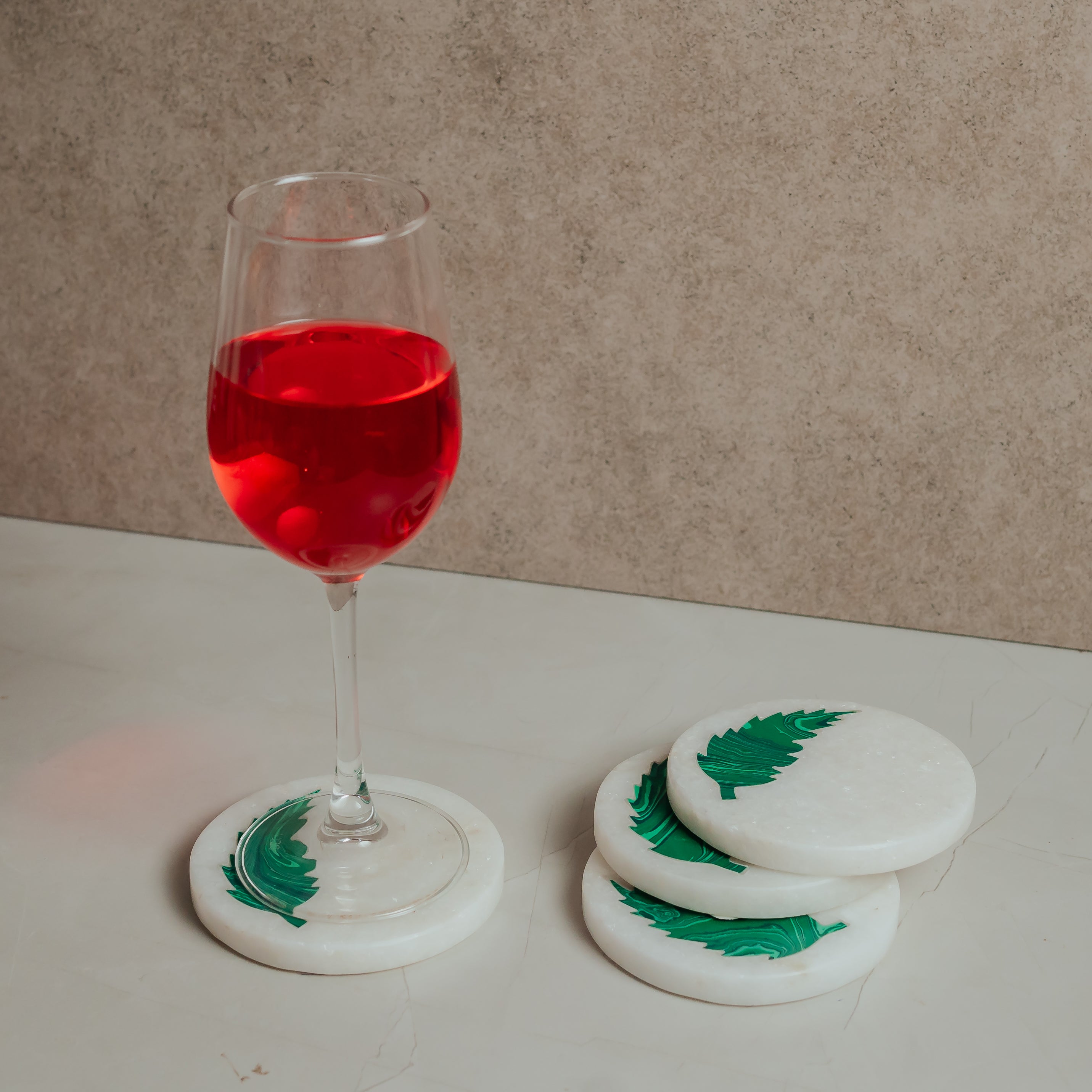 Emerald Green Stone Inlay White Marble Coasters Set - Handcrafted Premium Home Decor (4 Pack)