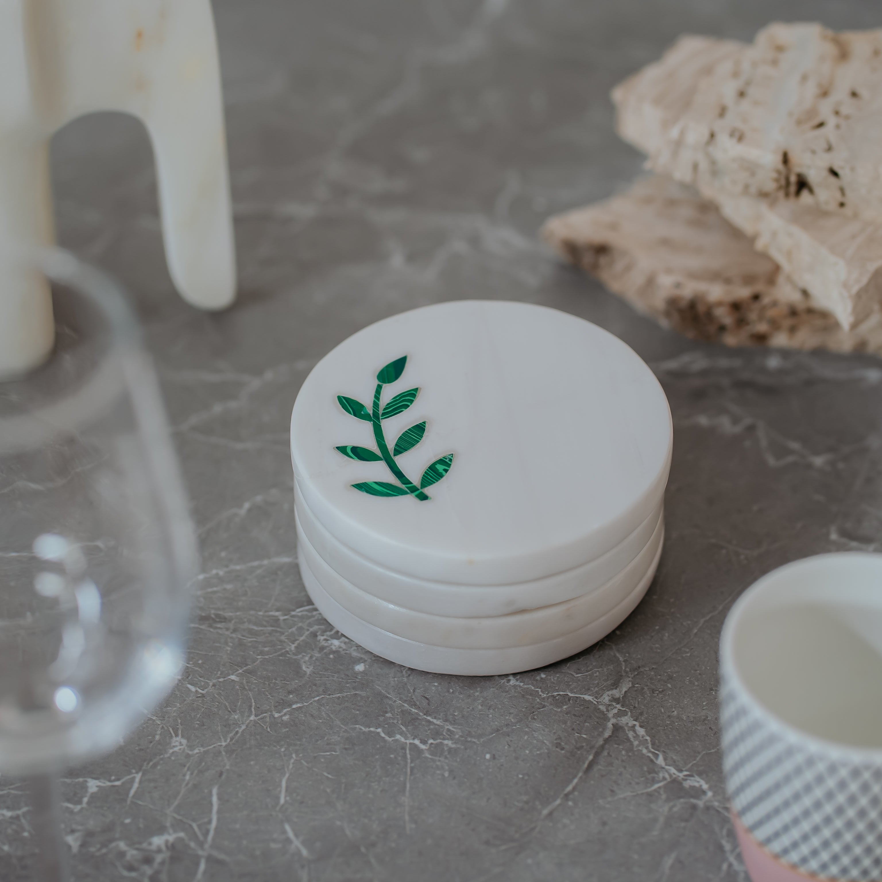 Green & Blue Botanical Plant Inlay White Marble Coasters - Handcrafted Set (4 Pack)