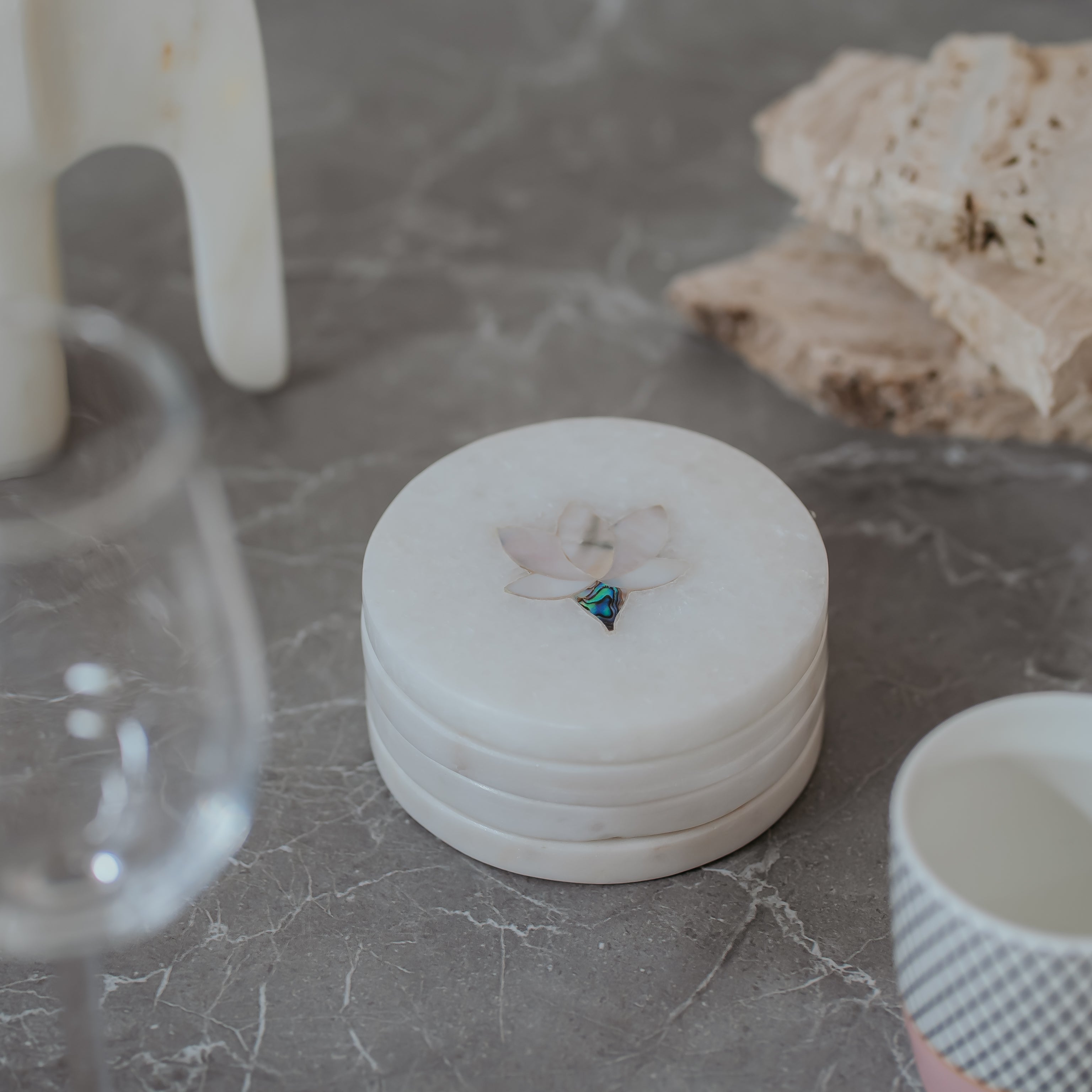 Luxury Mother of Pearl Inlay White Marble Coasters - Iridescent MOP Drink Coasters (4 Pack)